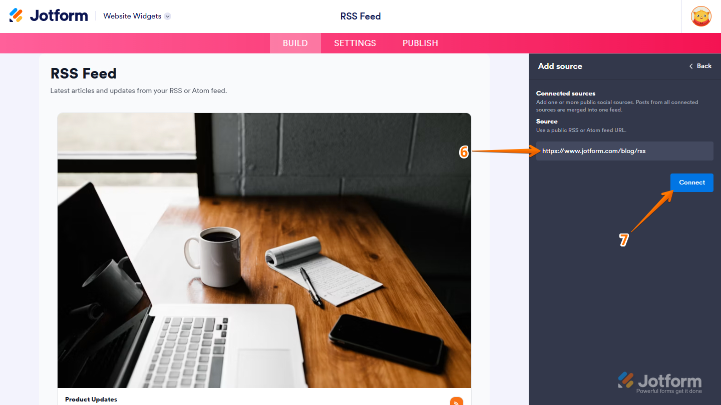 Add Source menu in the RSS Feed website widget properties