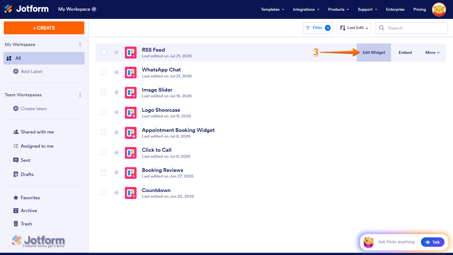 Edit Widget option in Jotform My Workspace page