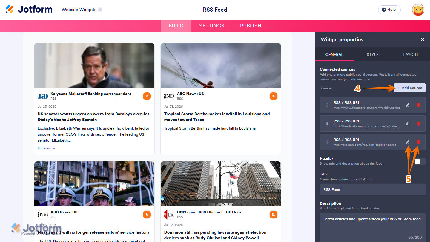 RSS Feed Website Widget properties menu