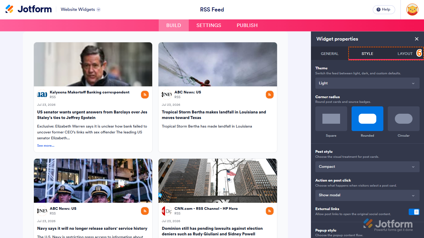 Style and Layout tabs in the RSS Feed Widget properties
