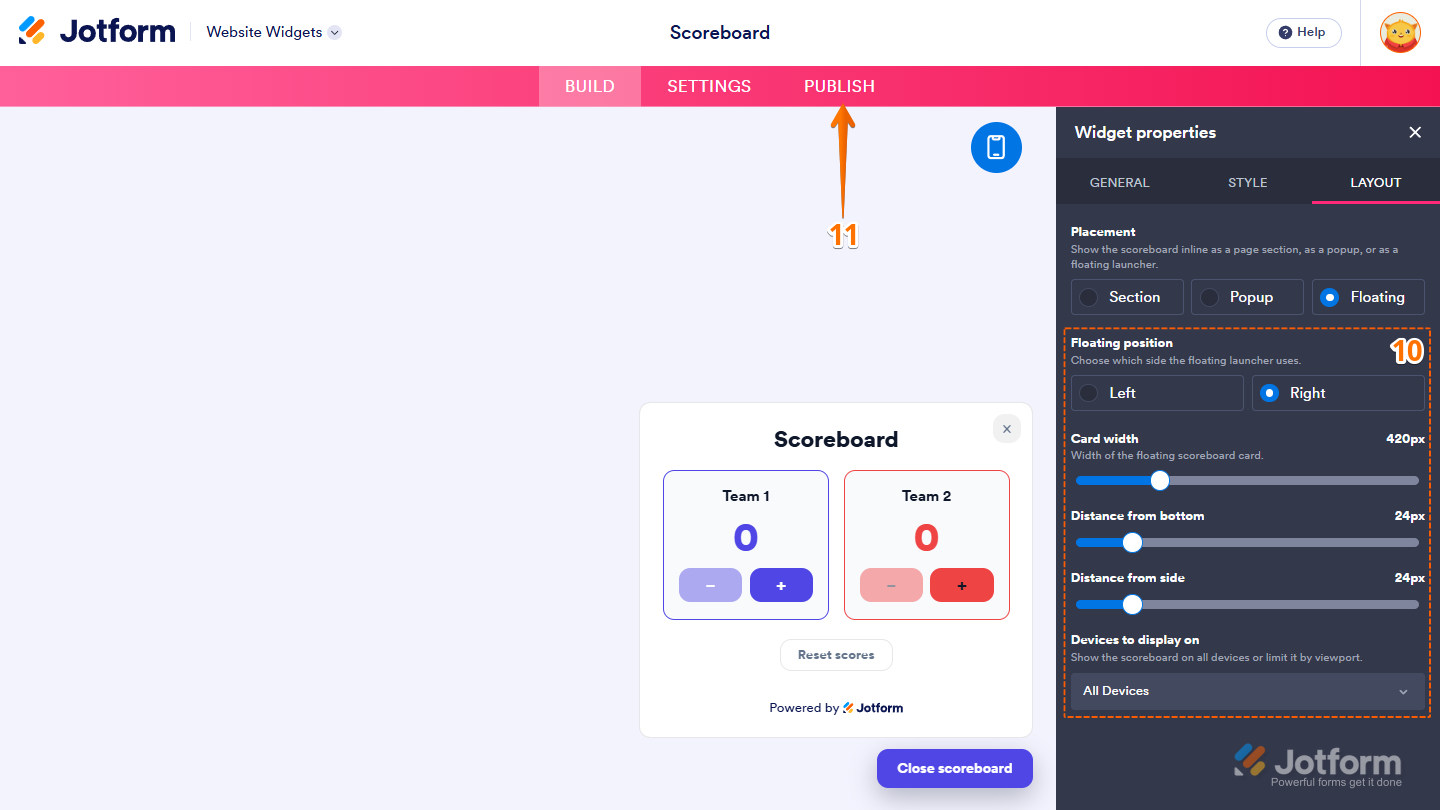 Layout tab of the Scoreboard Widget properties menu