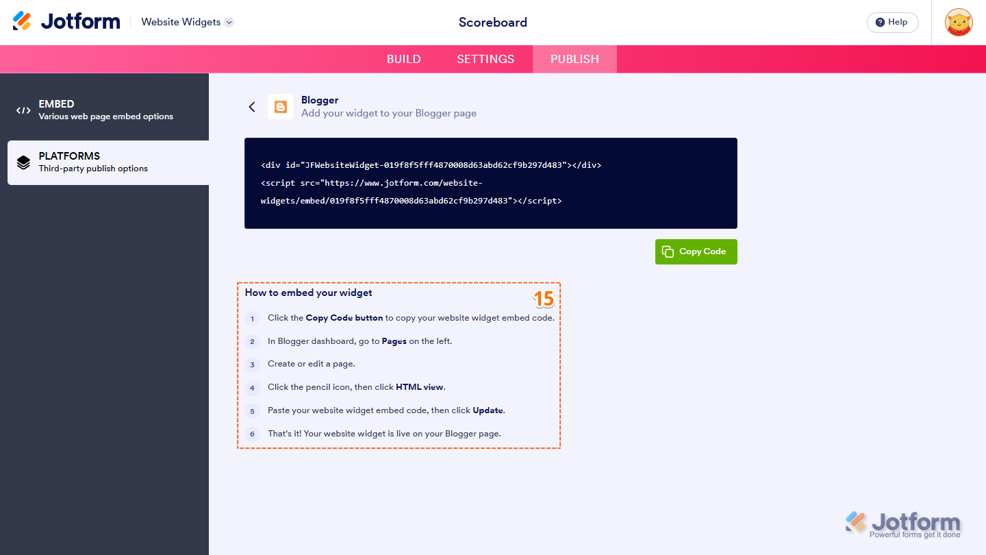 How to Embed Your Widget instructions in the Publish tab of the Jotform Website Widget builder page
