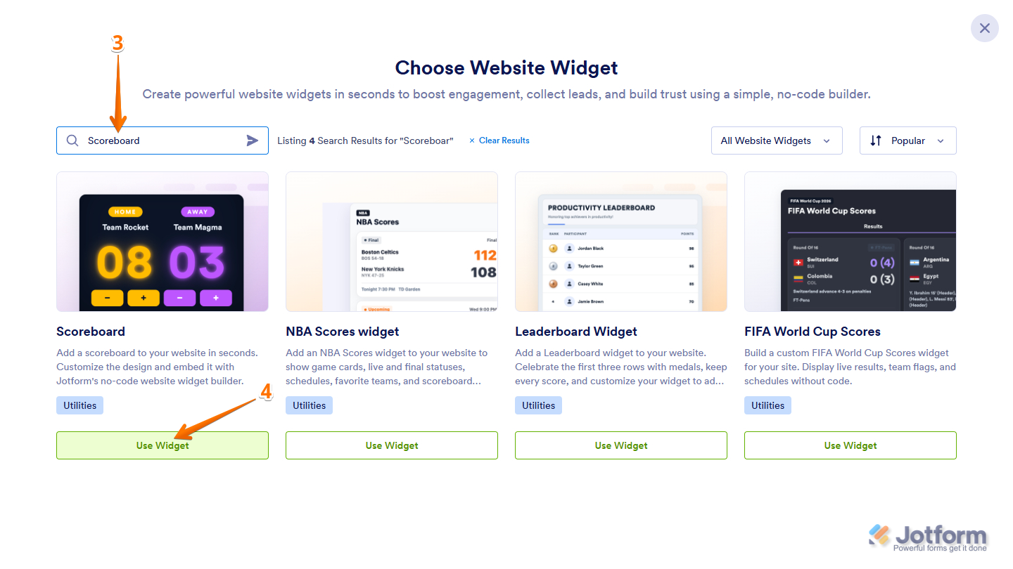 Scoreboard widget in the Choose Website Widget window