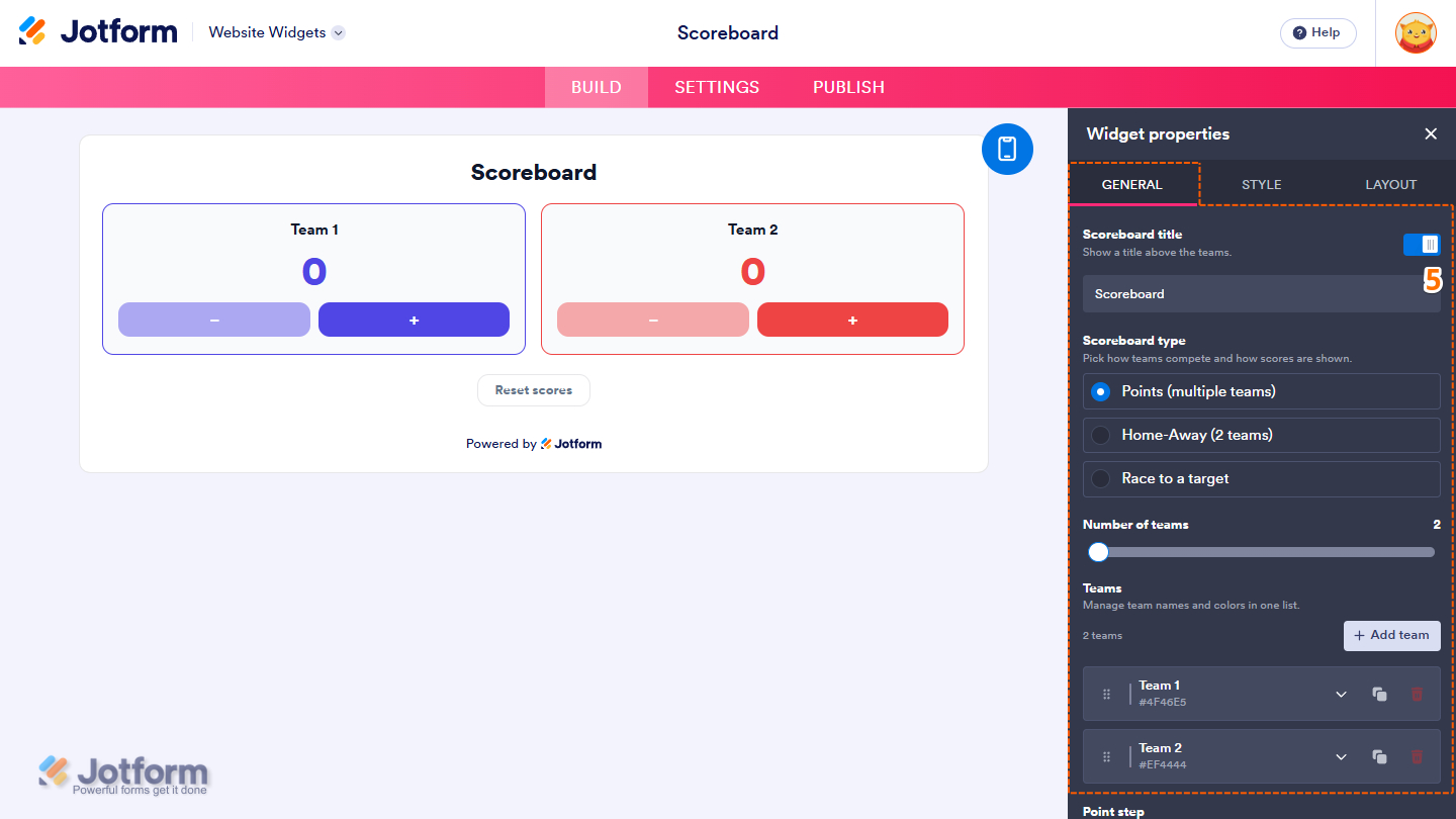 General tab of the Scoreboard Widget properties menu