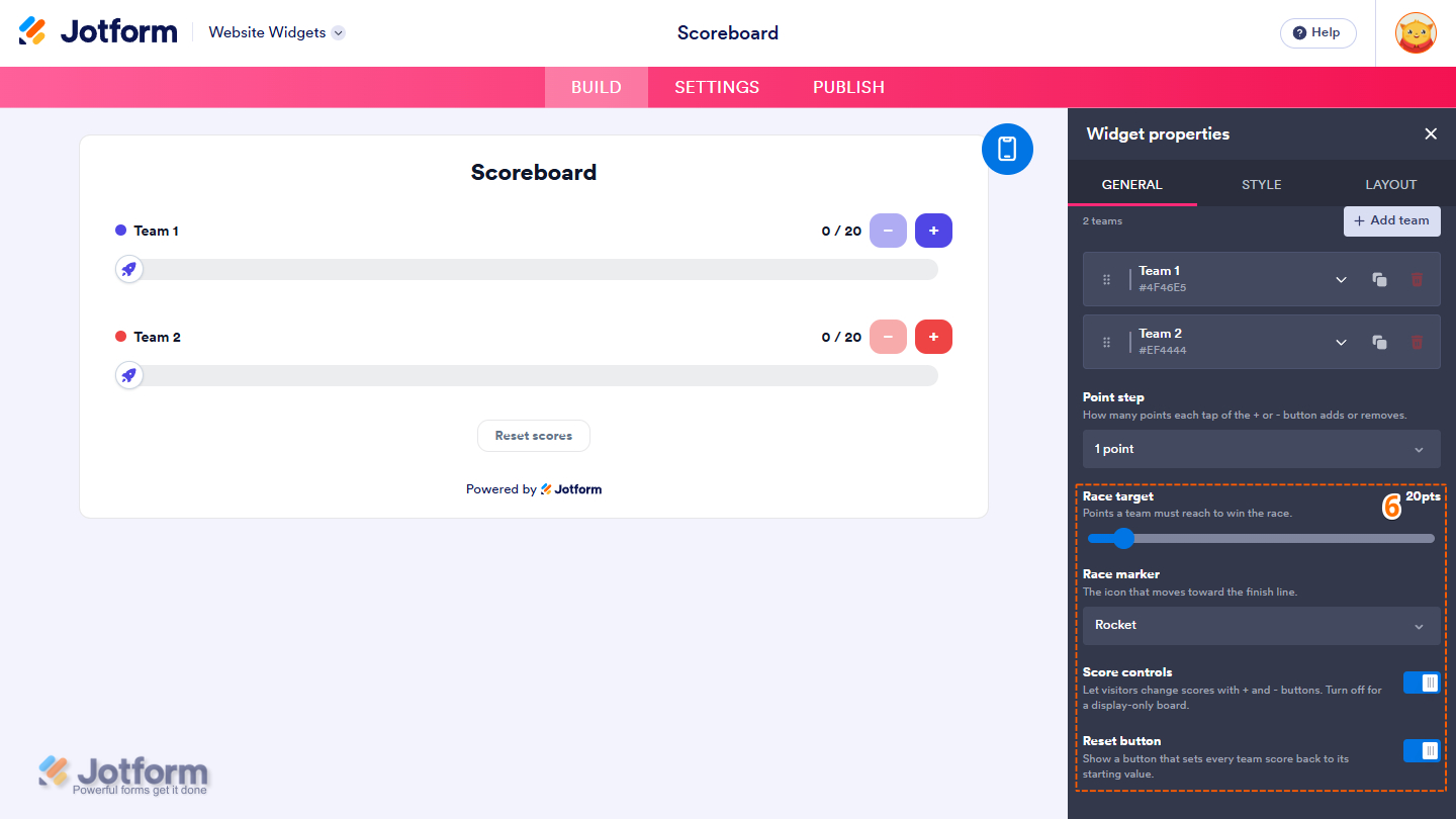 General tab of the Scoreboard Widget properties menu