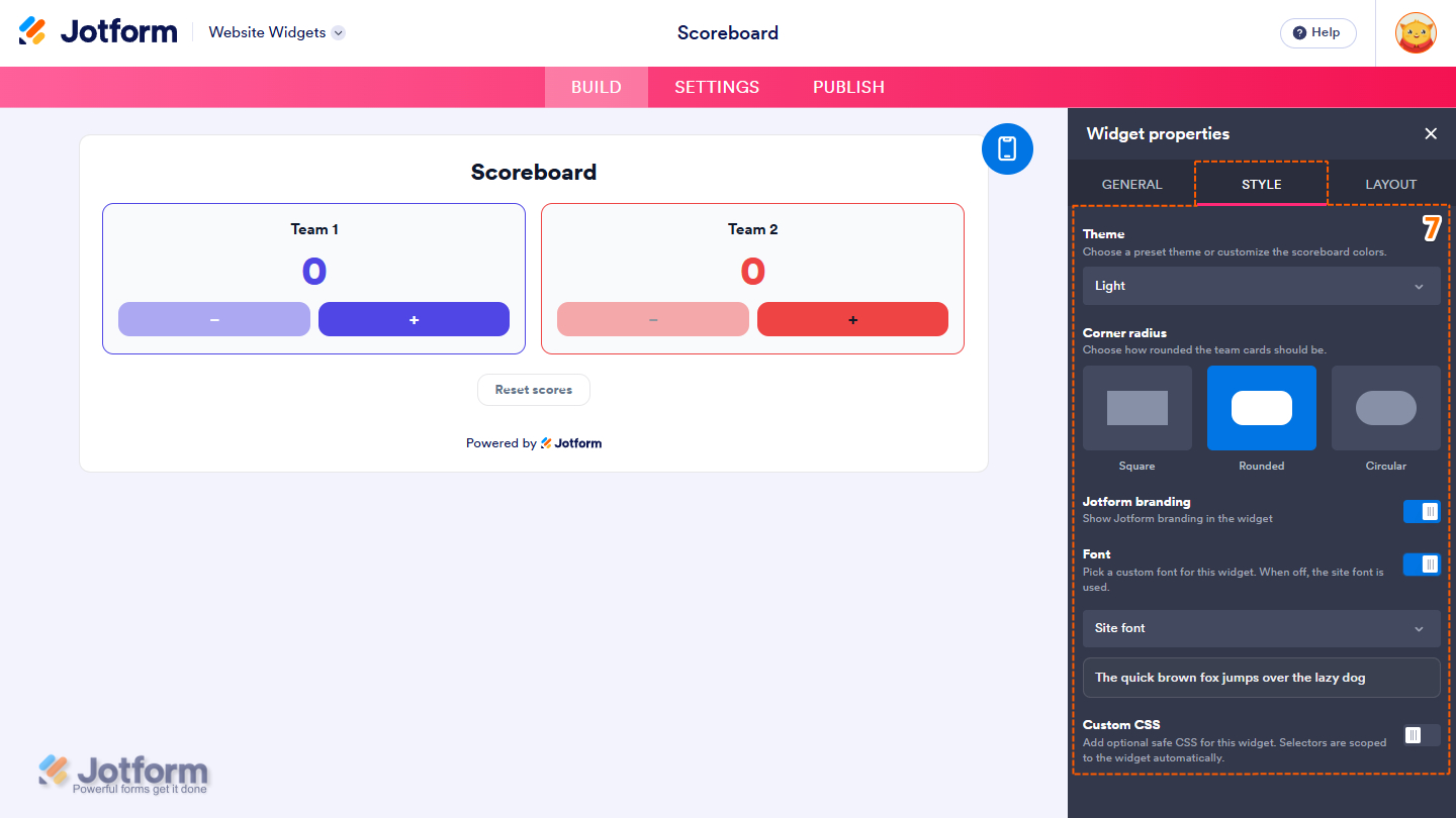 Style tab of the Scoreboard Widget properties menu