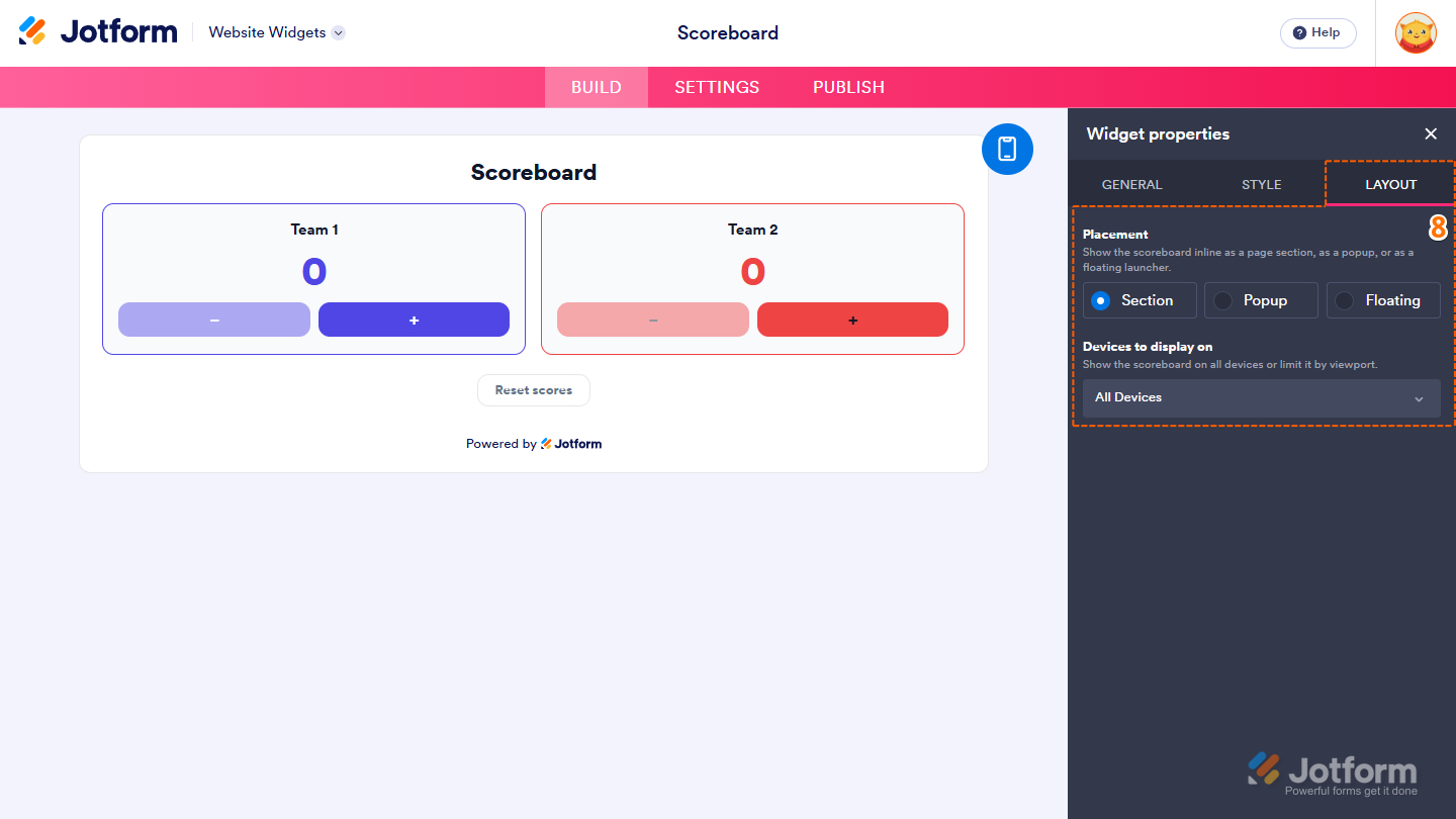 Layout tab of the Scoreboard Widget properties menu