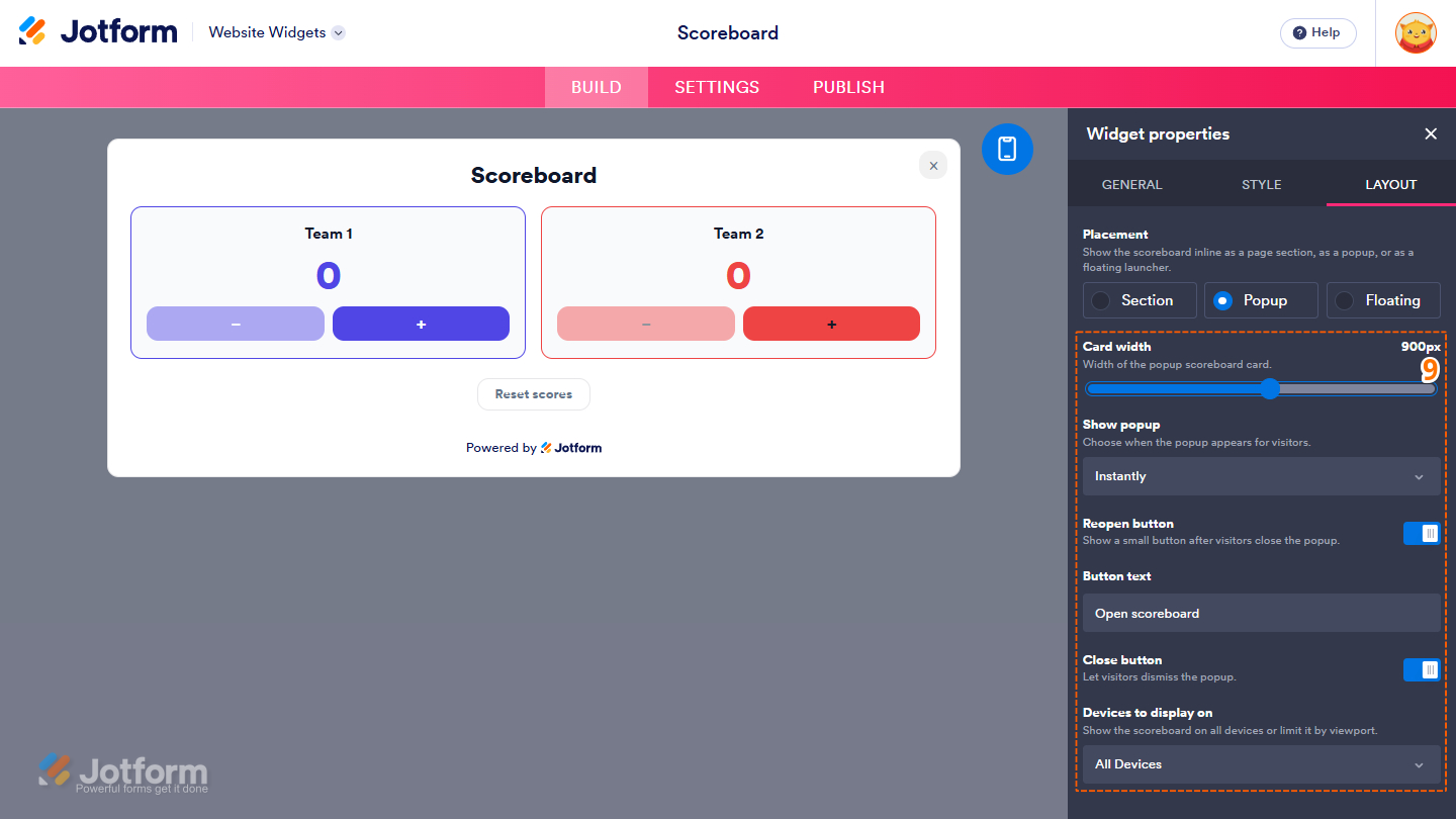 Layout tab of the Scoreboard Widget properties menu