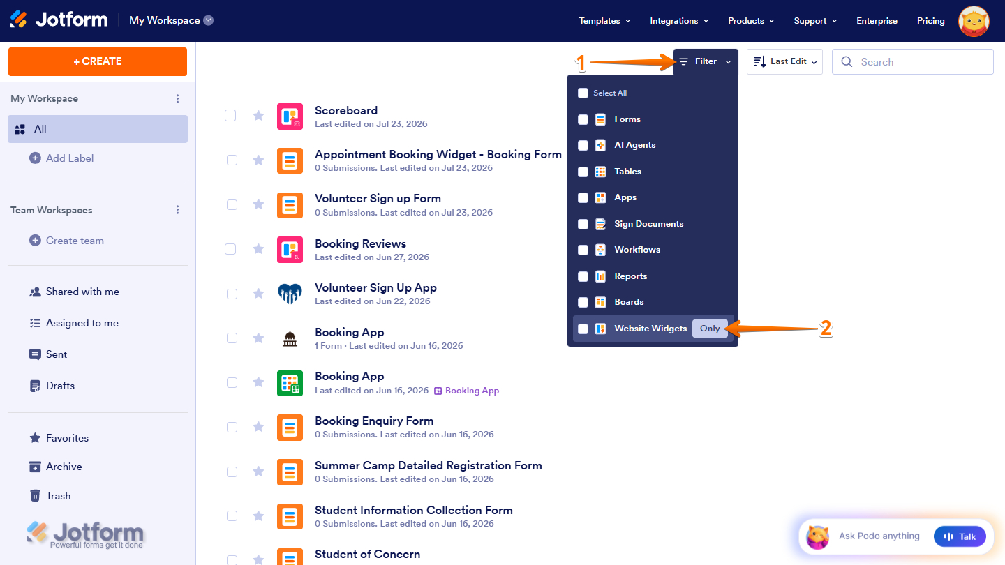 Website Widgets only filter in Jotform My Workspace page