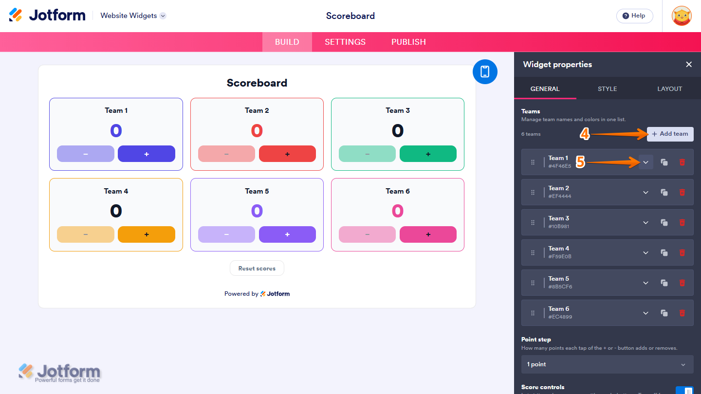 General tab in the Scoreboard Widget properties menu