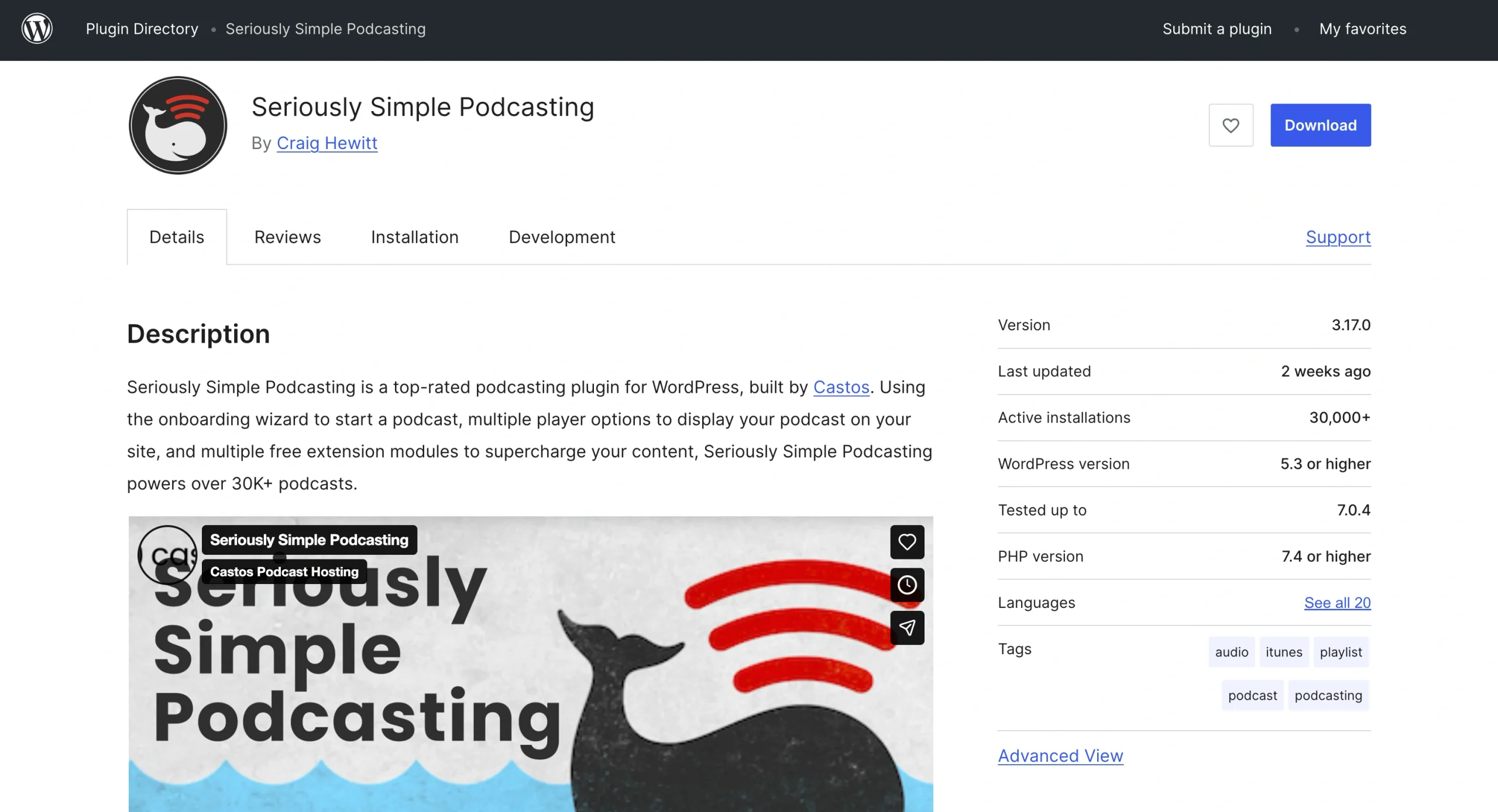 Seriously Simple Podcasting plug-in page showing its description, preview image, version, and installation details