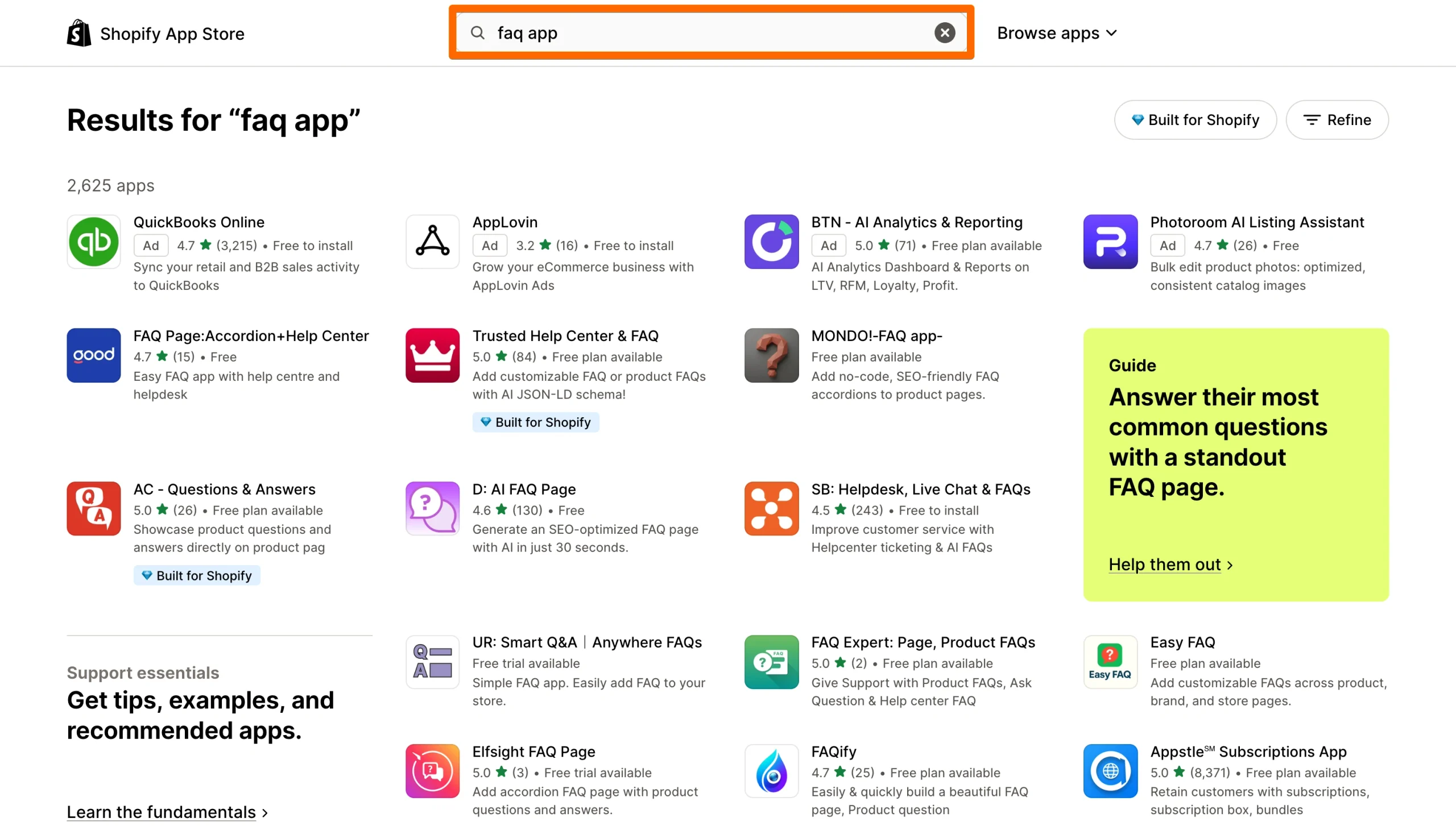 Shopify App Store search results for FAQ apps and customer support tools