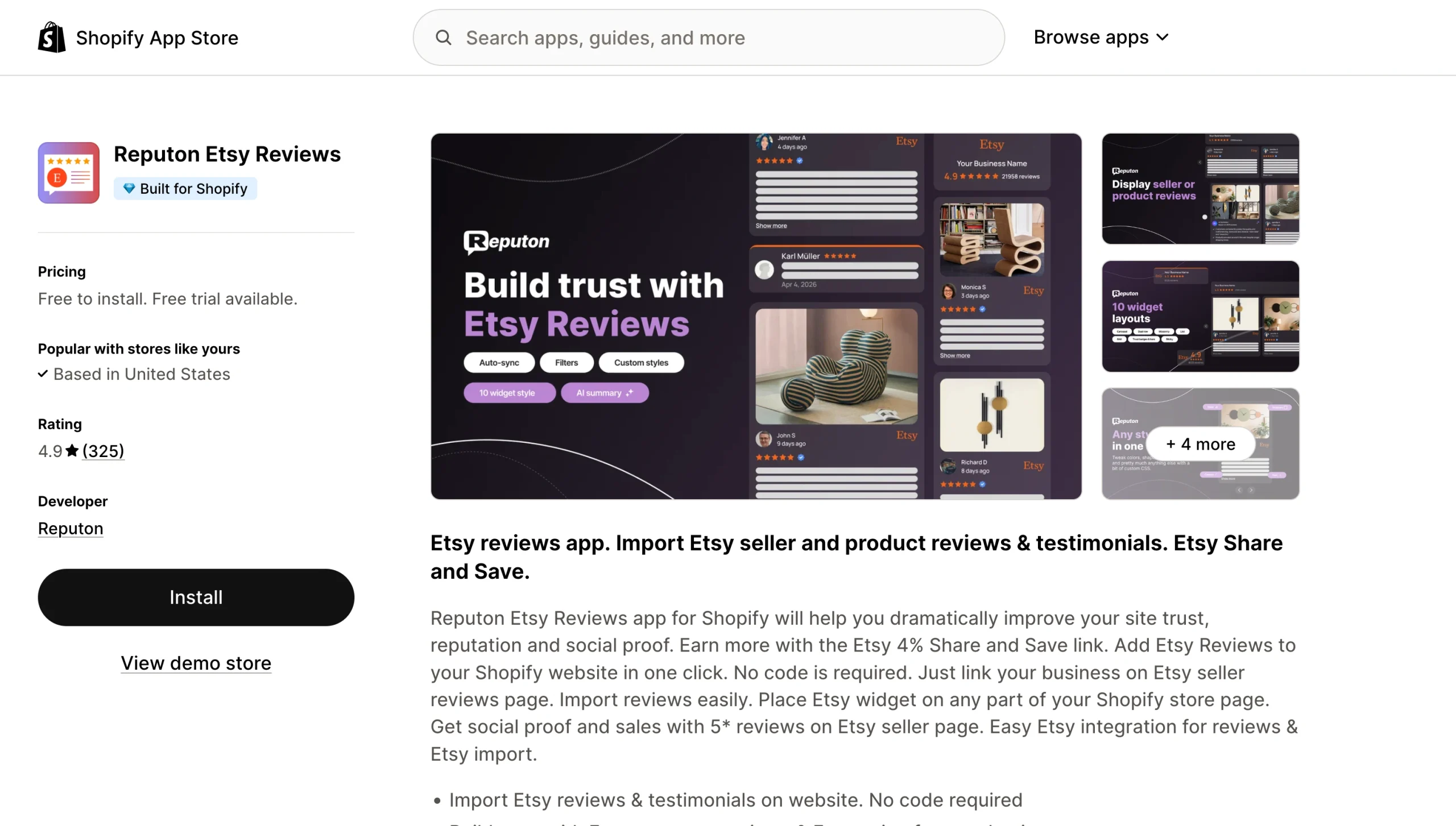 Reputon Etsy Reviews app listing with pricing, rating, and install option