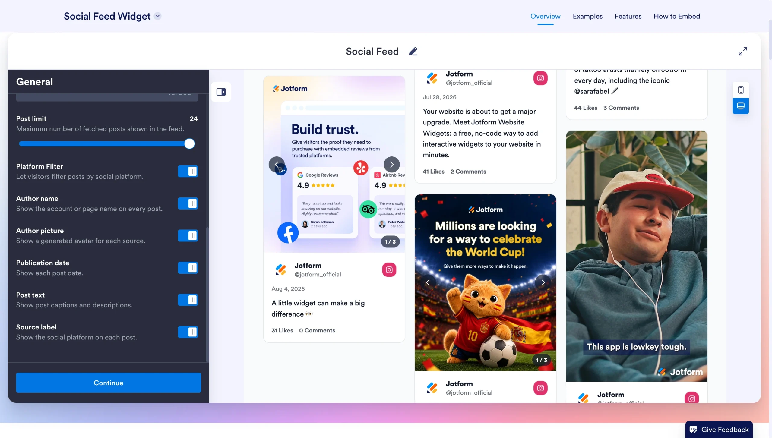 Social feed settings with platform options and a live multi-post preview