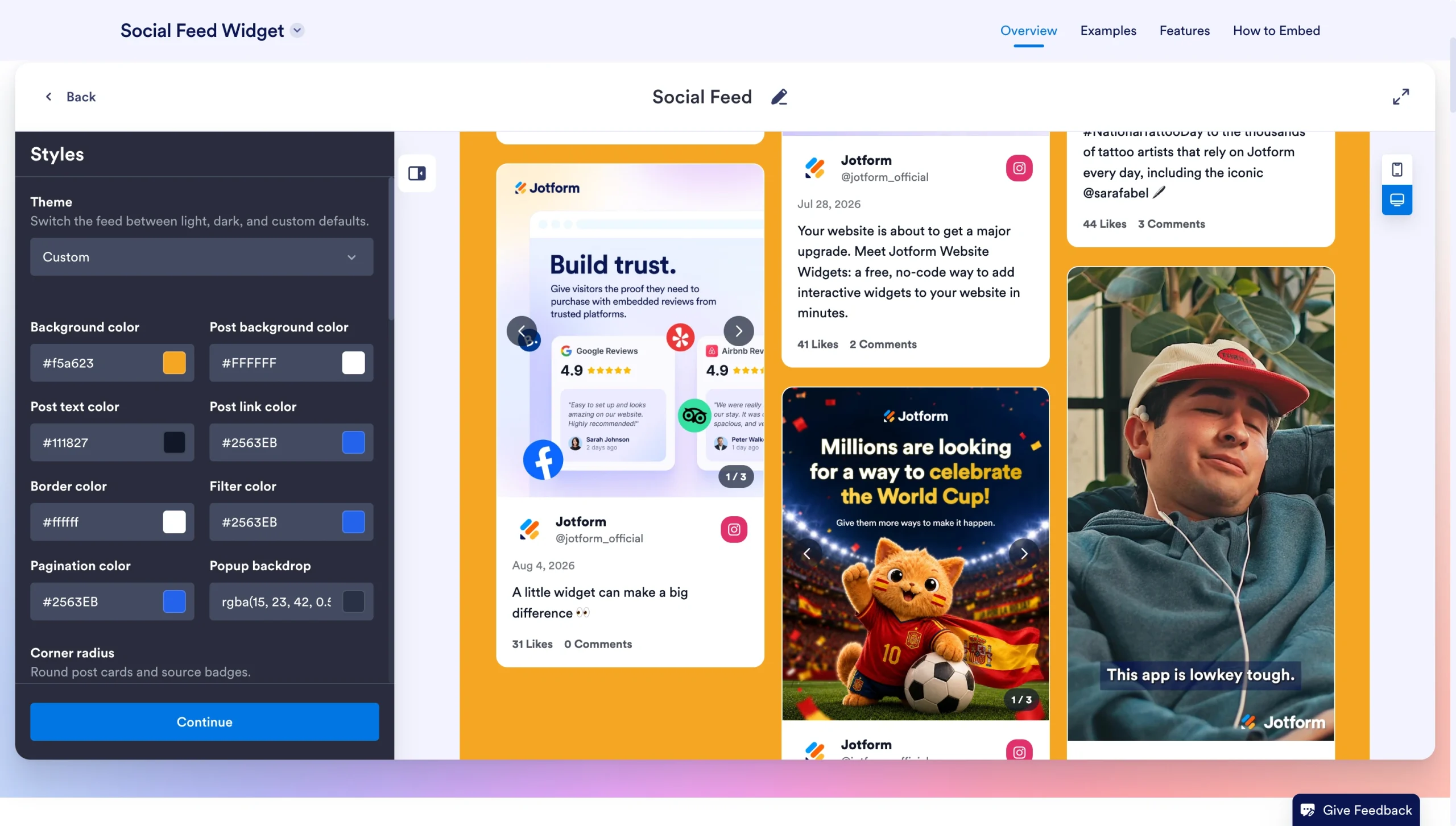 Style settings for customizing colors, fonts, and the social feed layout