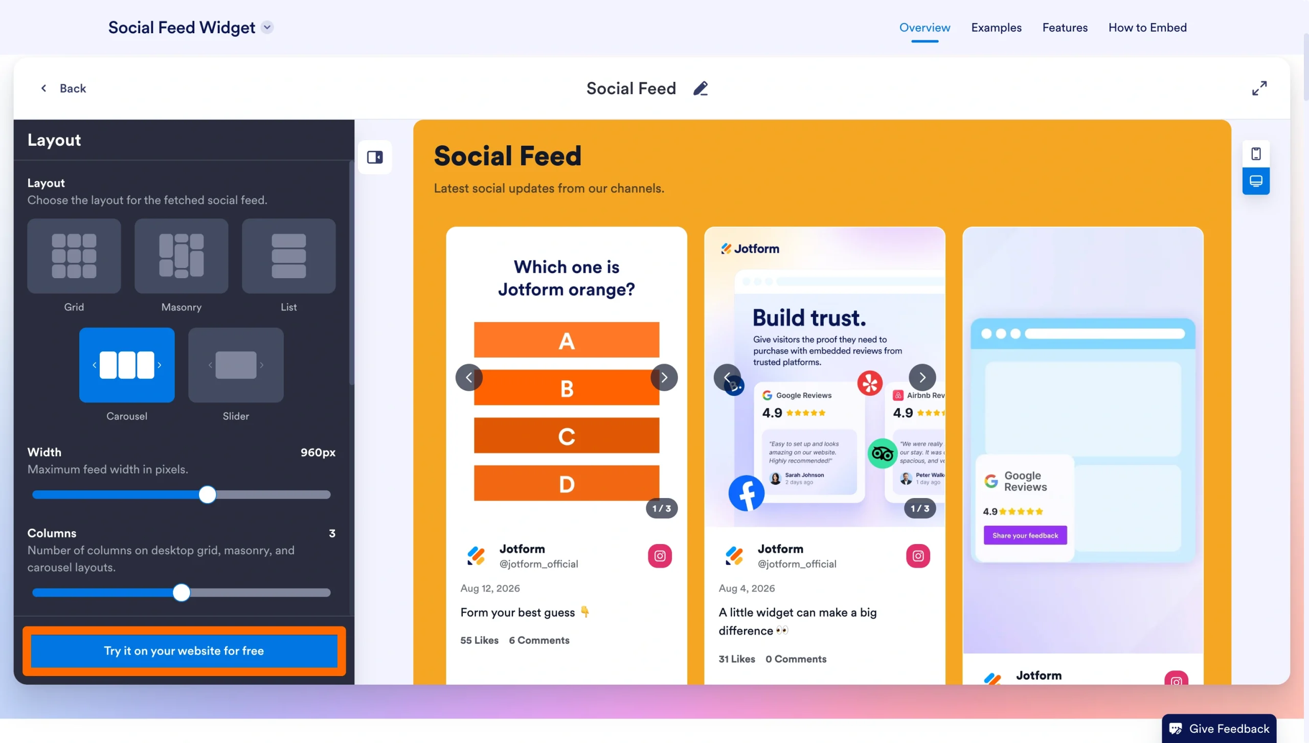 Jotform Social Feed layout settings showing post size and layout options with a live preview