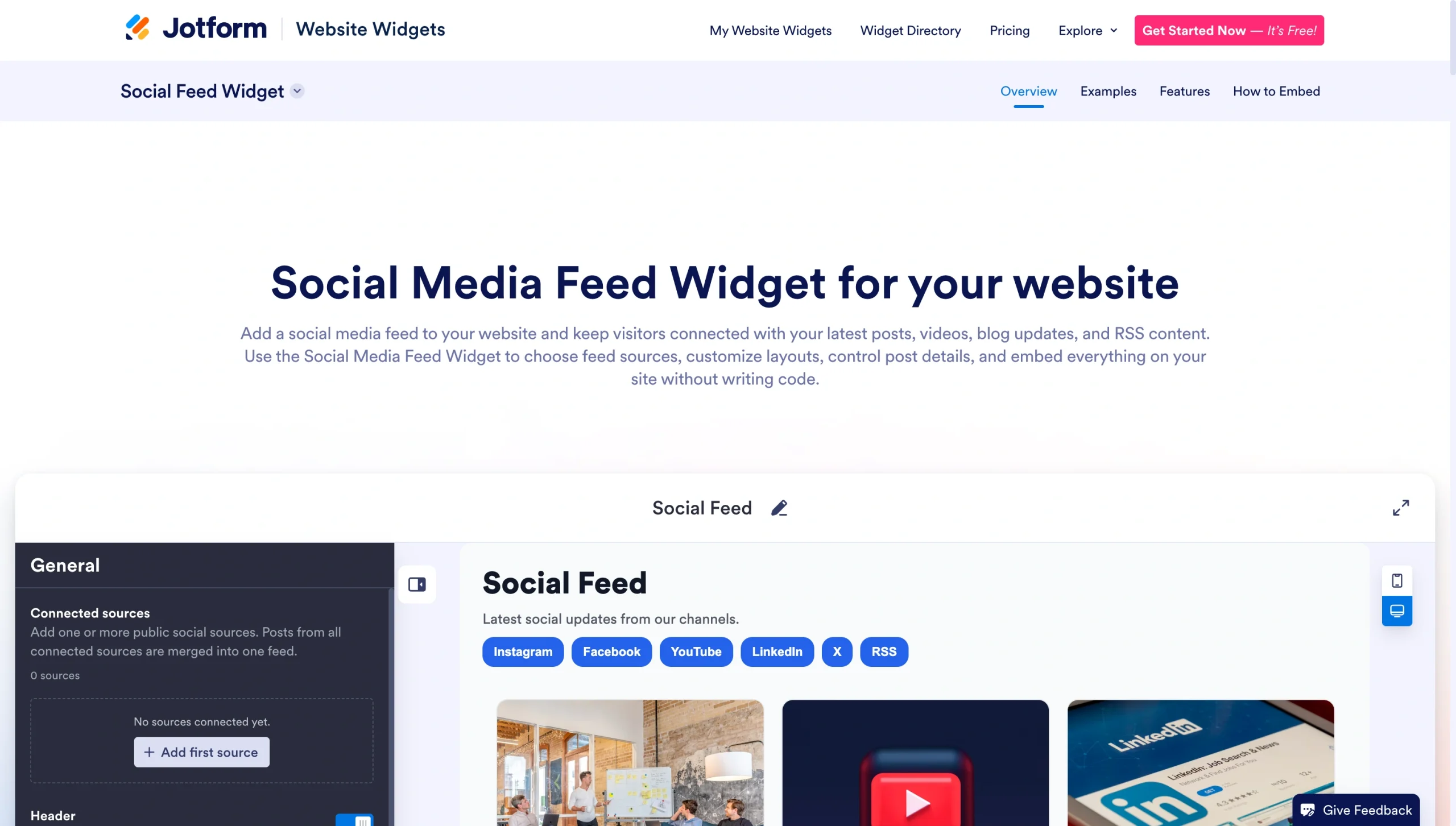 Jotform Social Feed widget showing connected social accounts and a feed preview