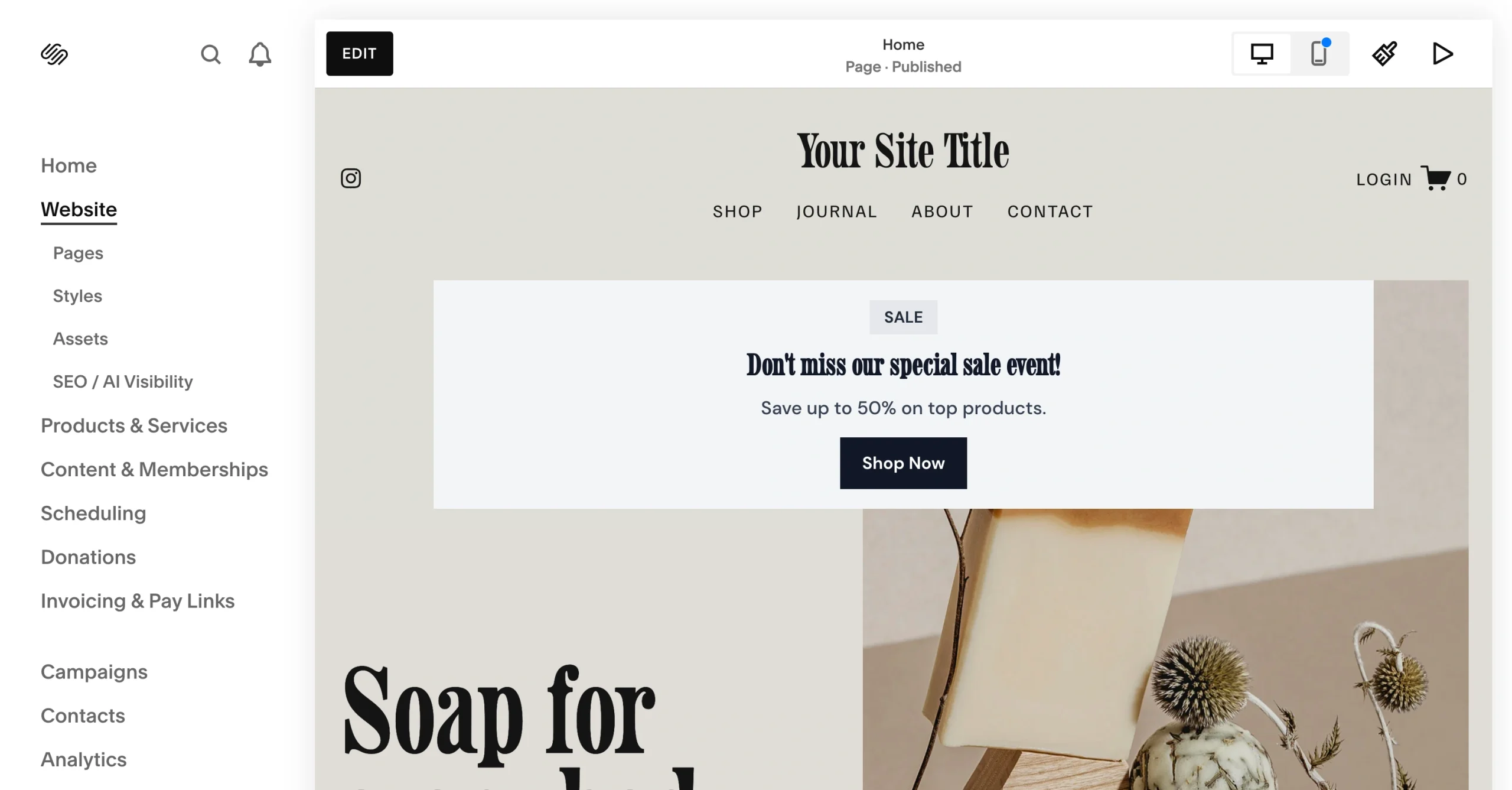 Squarespace website editor displaying the finished promotional announcement bar above a shop page