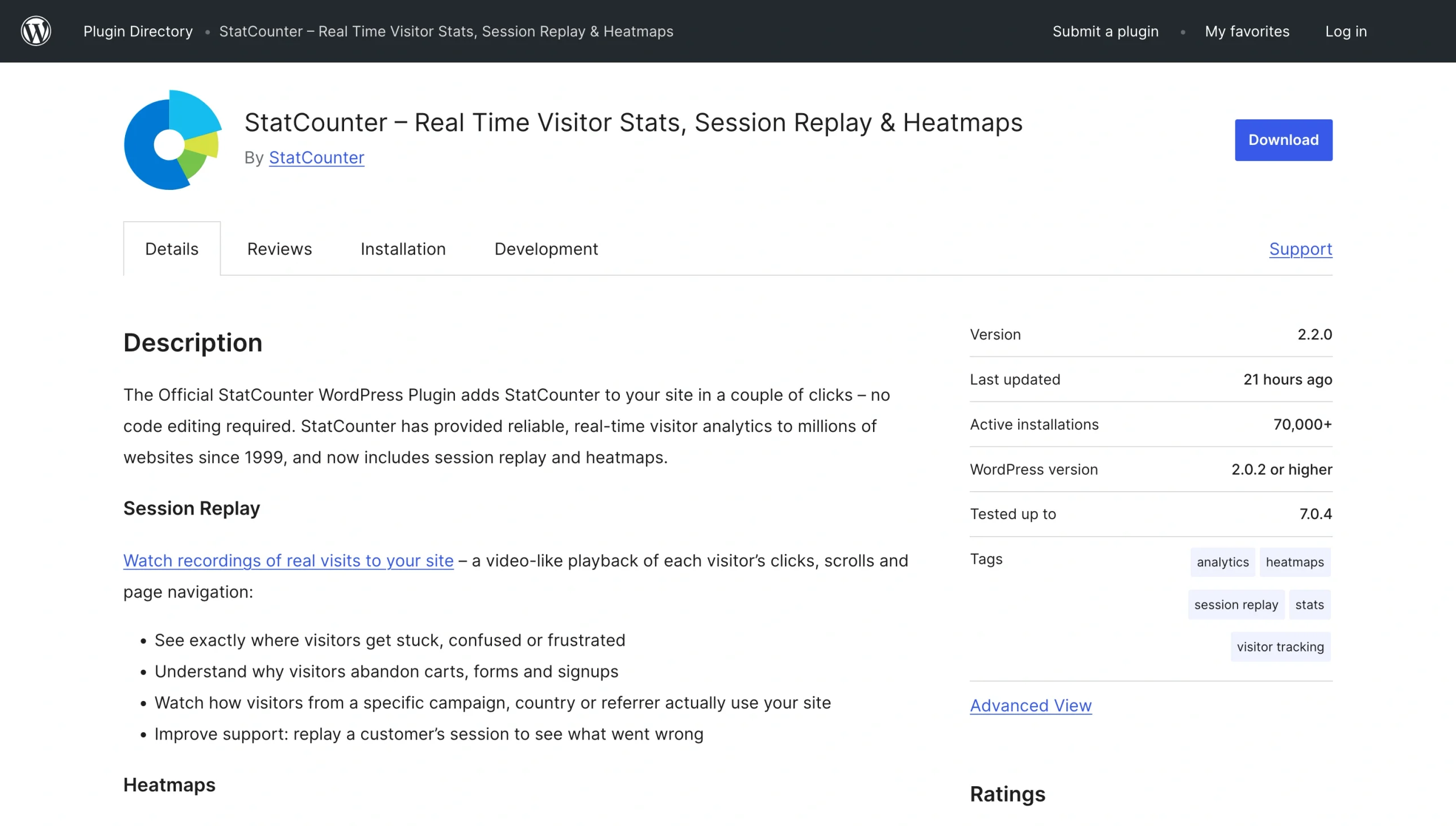StatCounter WordPress plugin page with analytics and visitor tracking features