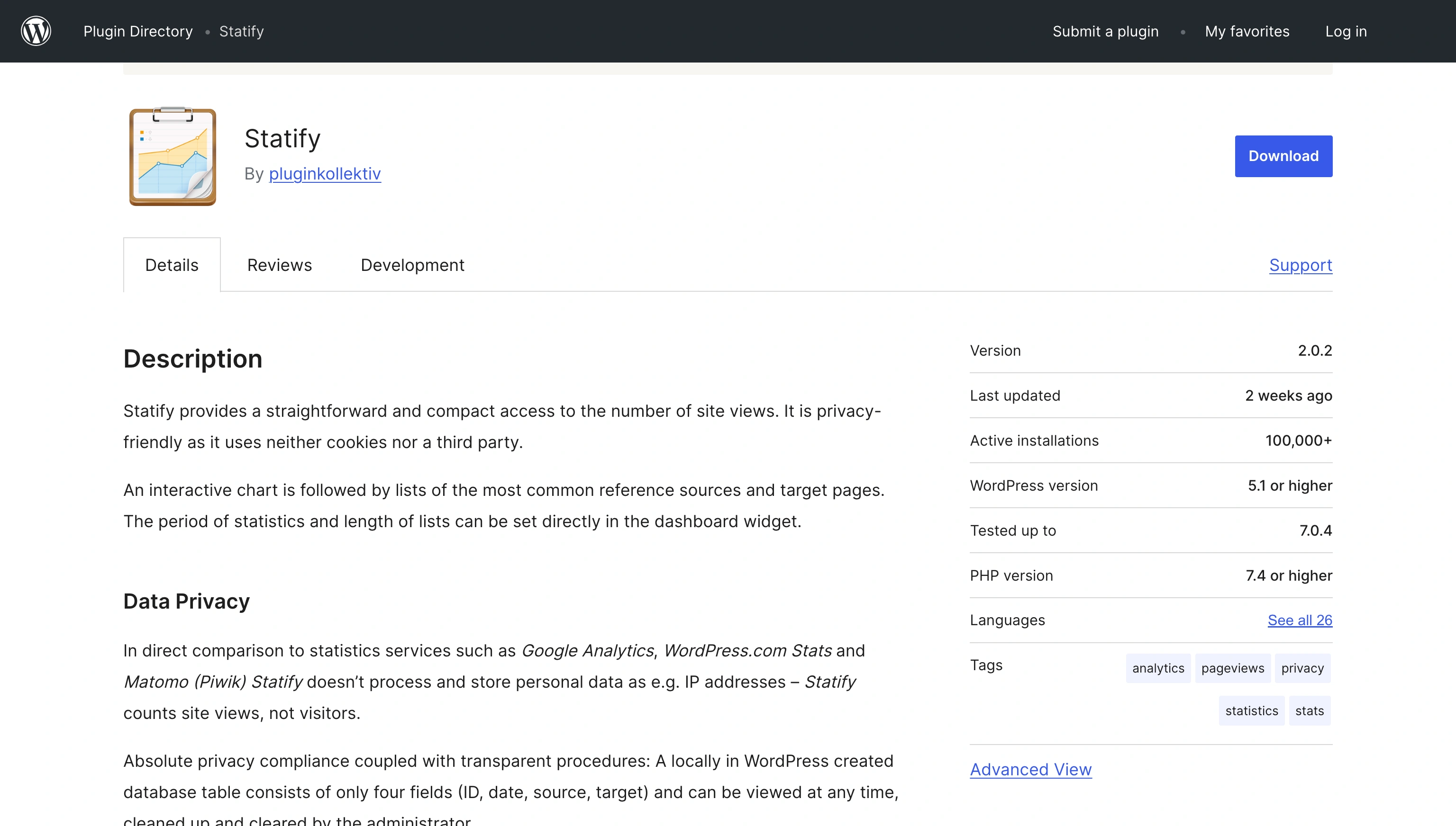 Statify WordPress plugin page with privacy-friendly visitor statistics