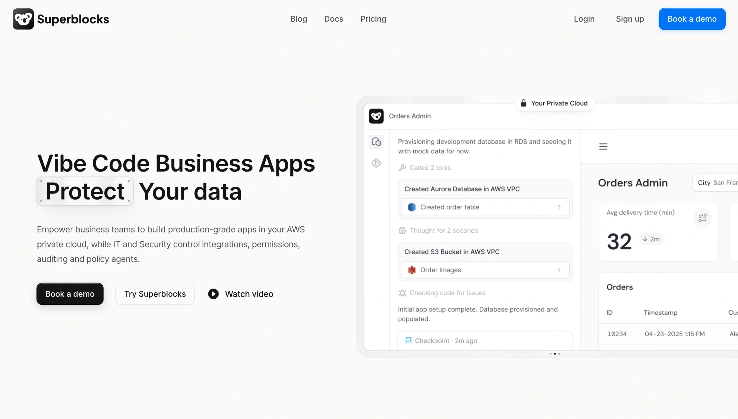 Screenshot of the Superblocks landing page, showing a headline "Vibe Code Business Apps Protect Your data"