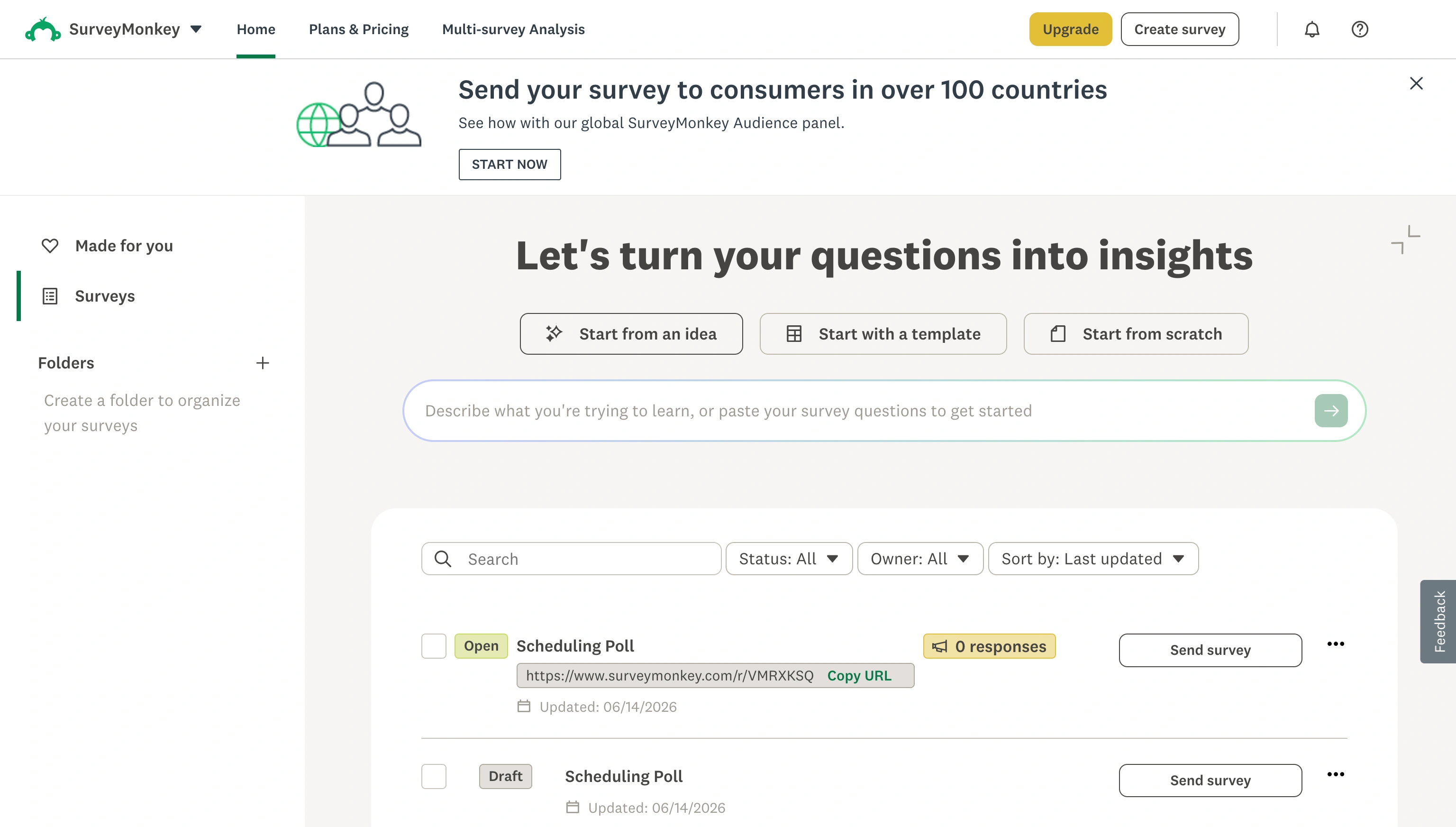 SurveyMonkey survey editor showing questions set up for anonymous responses