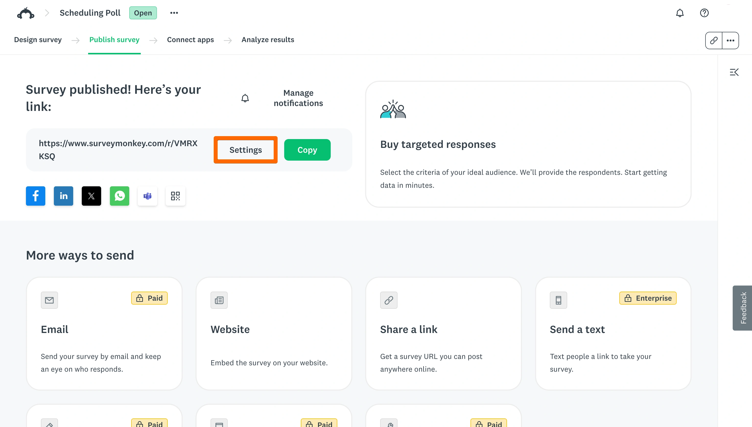 SurveyMonkey Publish Survey page with the Collect Responses option