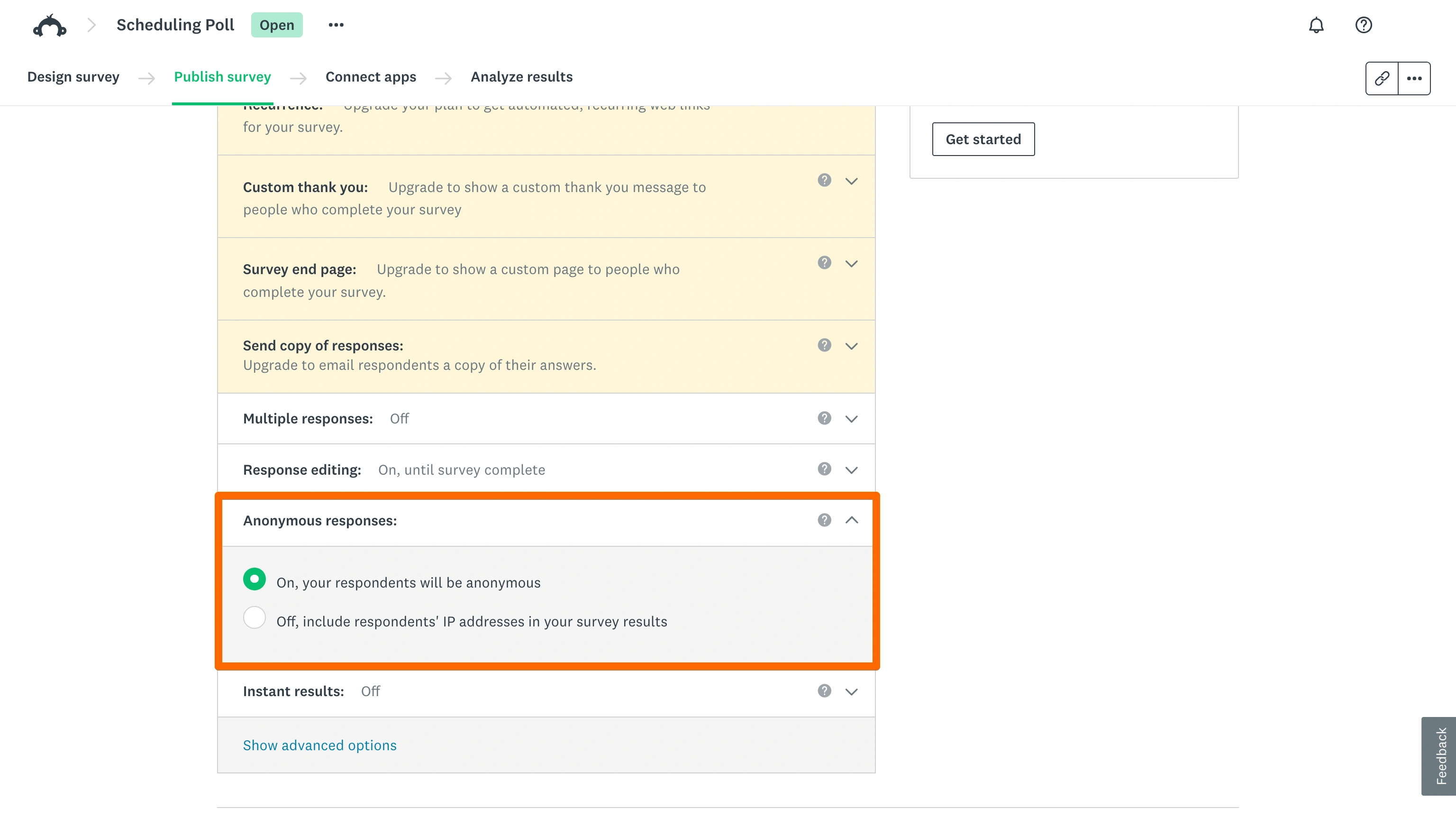 SurveyMonkey collector settings with Anonymous Responses enabled