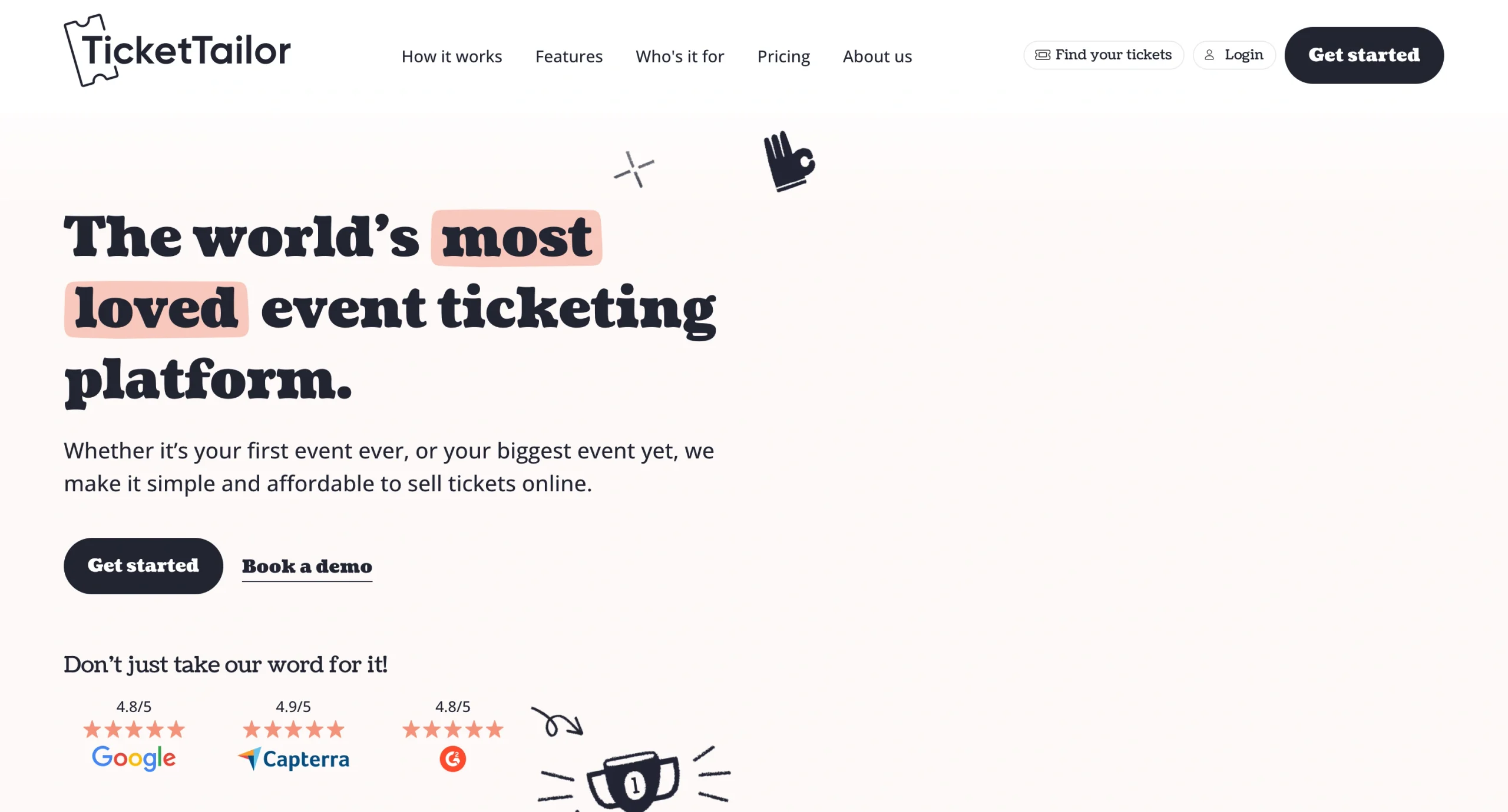 Screenshot of the TicketTailor landing page, showing a headline "The world's most loved event ticketing platform