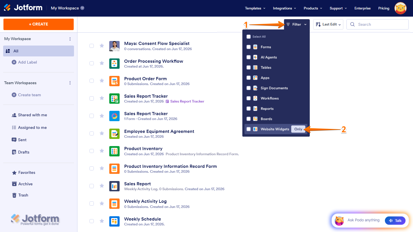 Website Widget filter