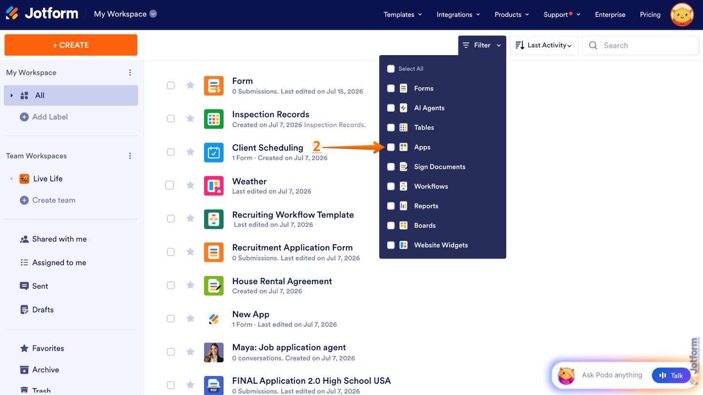 Workspace Filter dropdown showing the Apps checkbox selected to display only apps