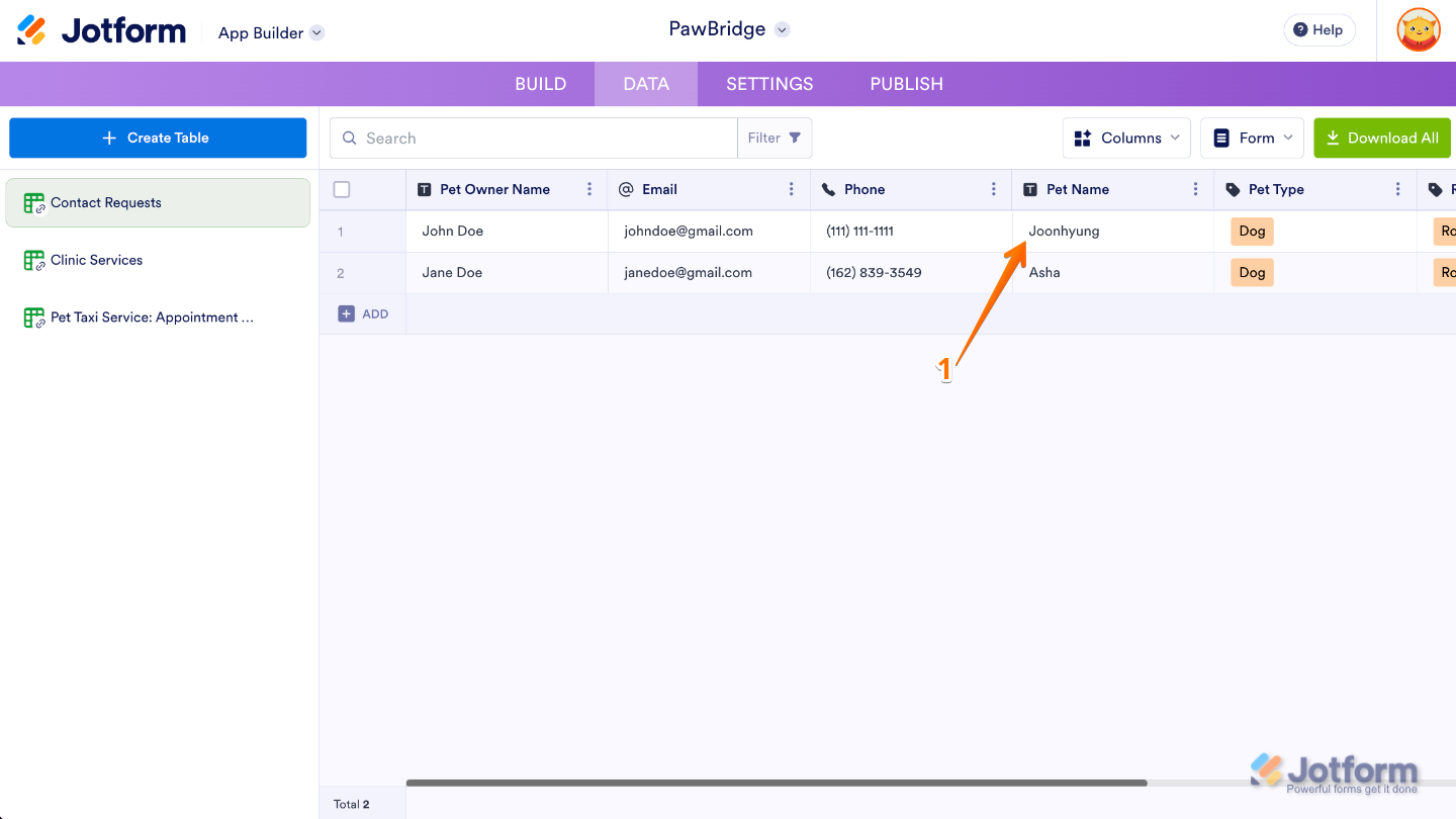 Selecting a cell with Submission Data on the App Builder Data page to edit the entry