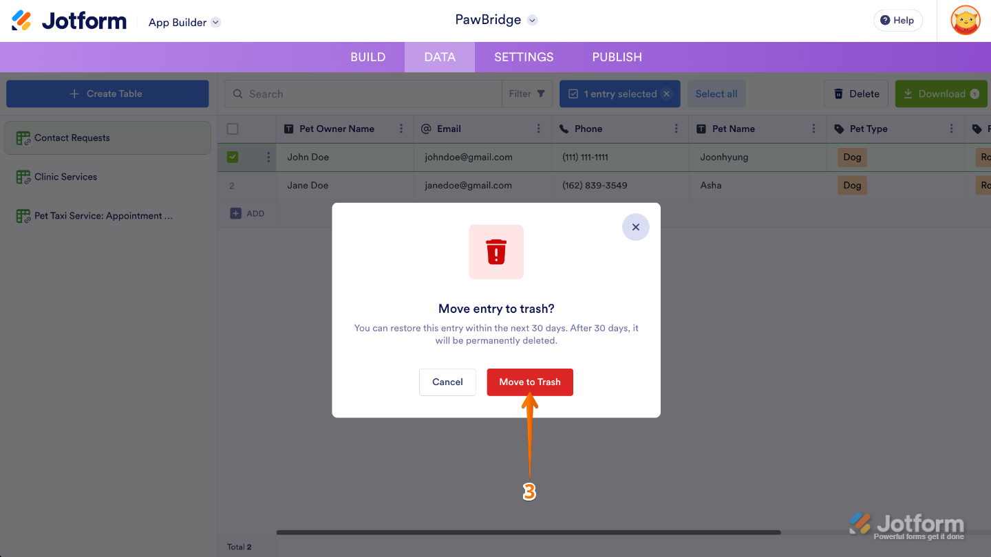 Confirming submission deletion by clicking Move to Trash in the App Builder confirmation window