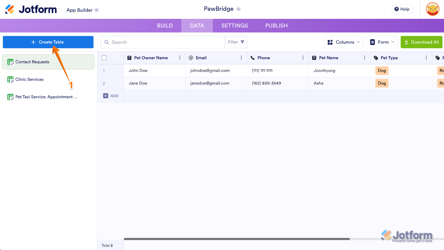 App Builder Data page highlighting the Create Table button on the left side