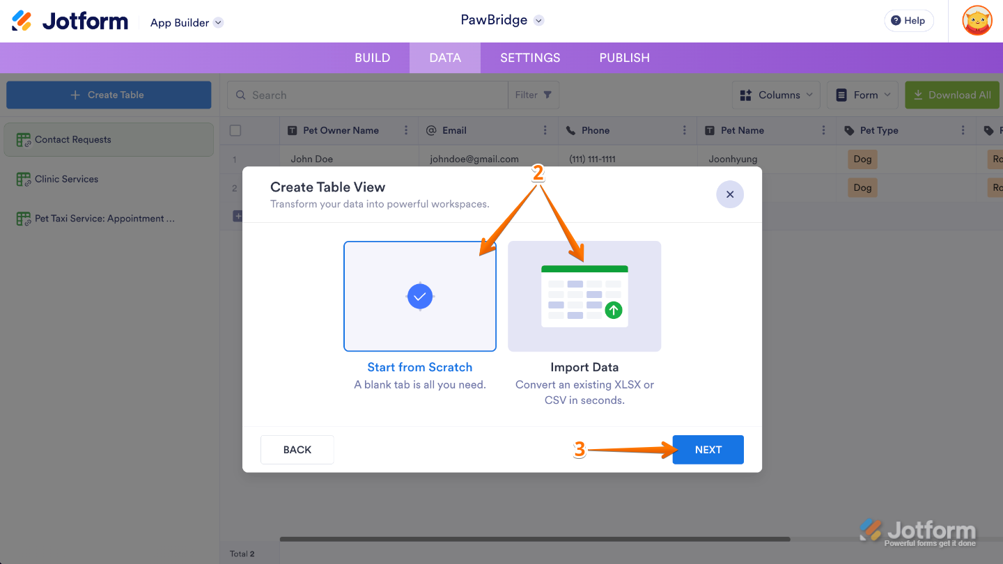 Selecting Start from Scratch or Import Data in the Create Table window to create a new data table