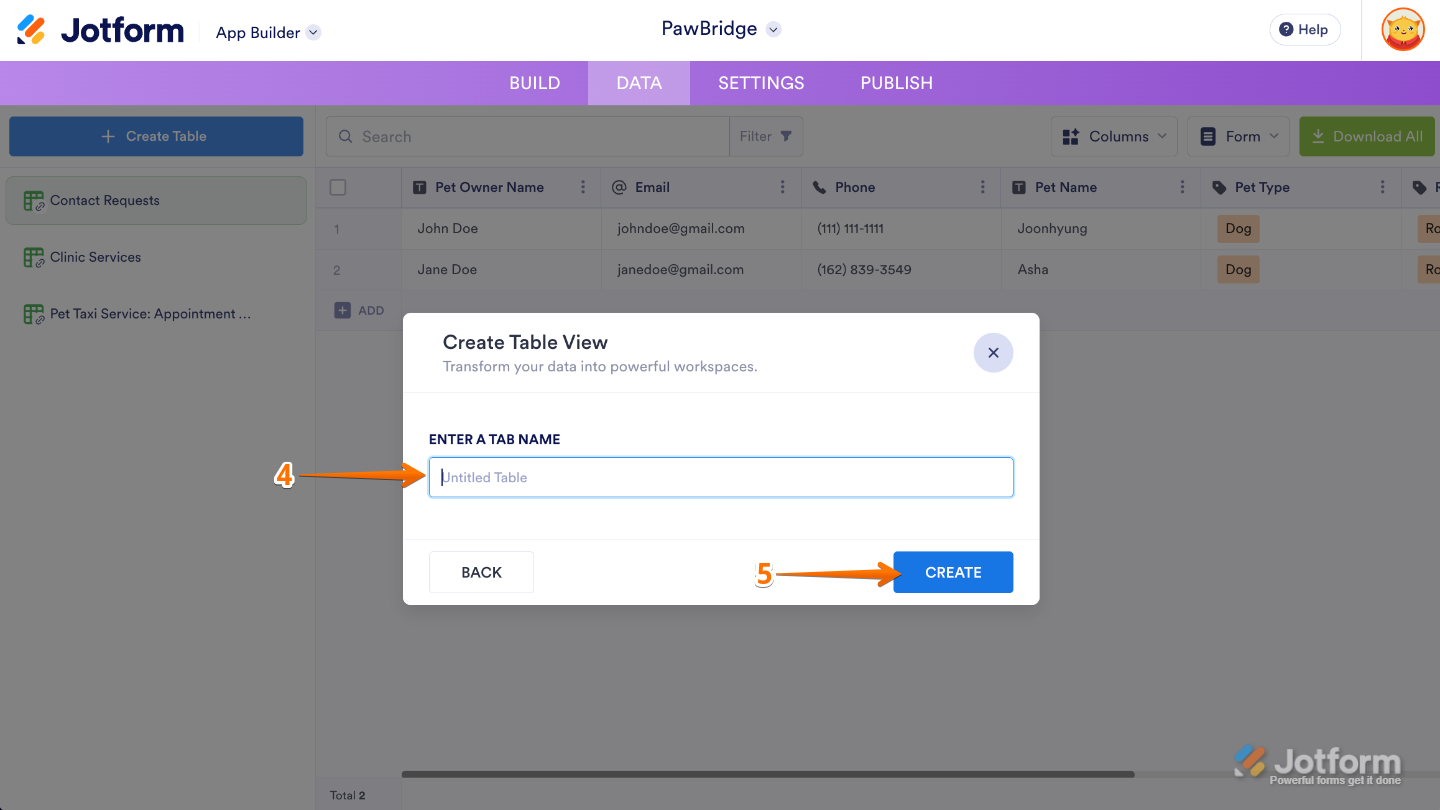Entering a name in the Enter a Tab Name field and clicking Create to create a new data table