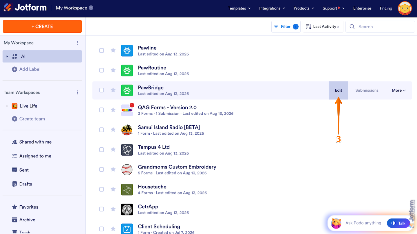 Workspace showing an app with the Edit option highlighted on the right side