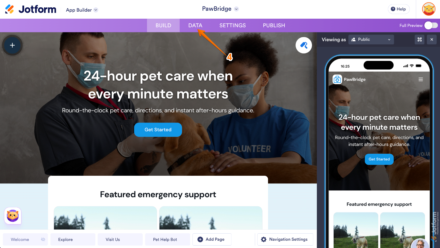 App Builder highlighting the Data option in the purple navigation bar at the top