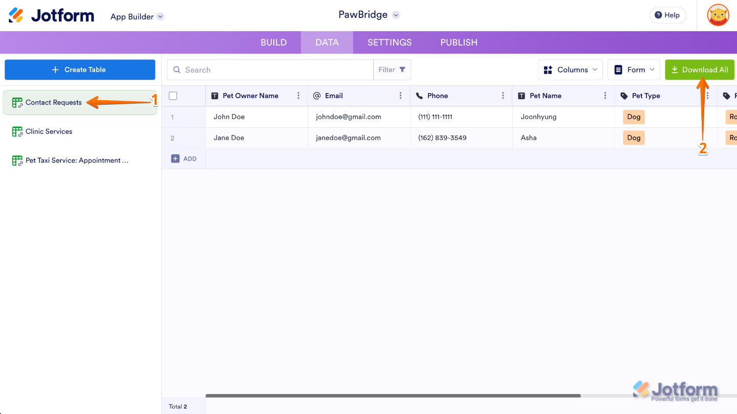 App Builder Data page showing the selected table and Download All button in the upper-right corner
