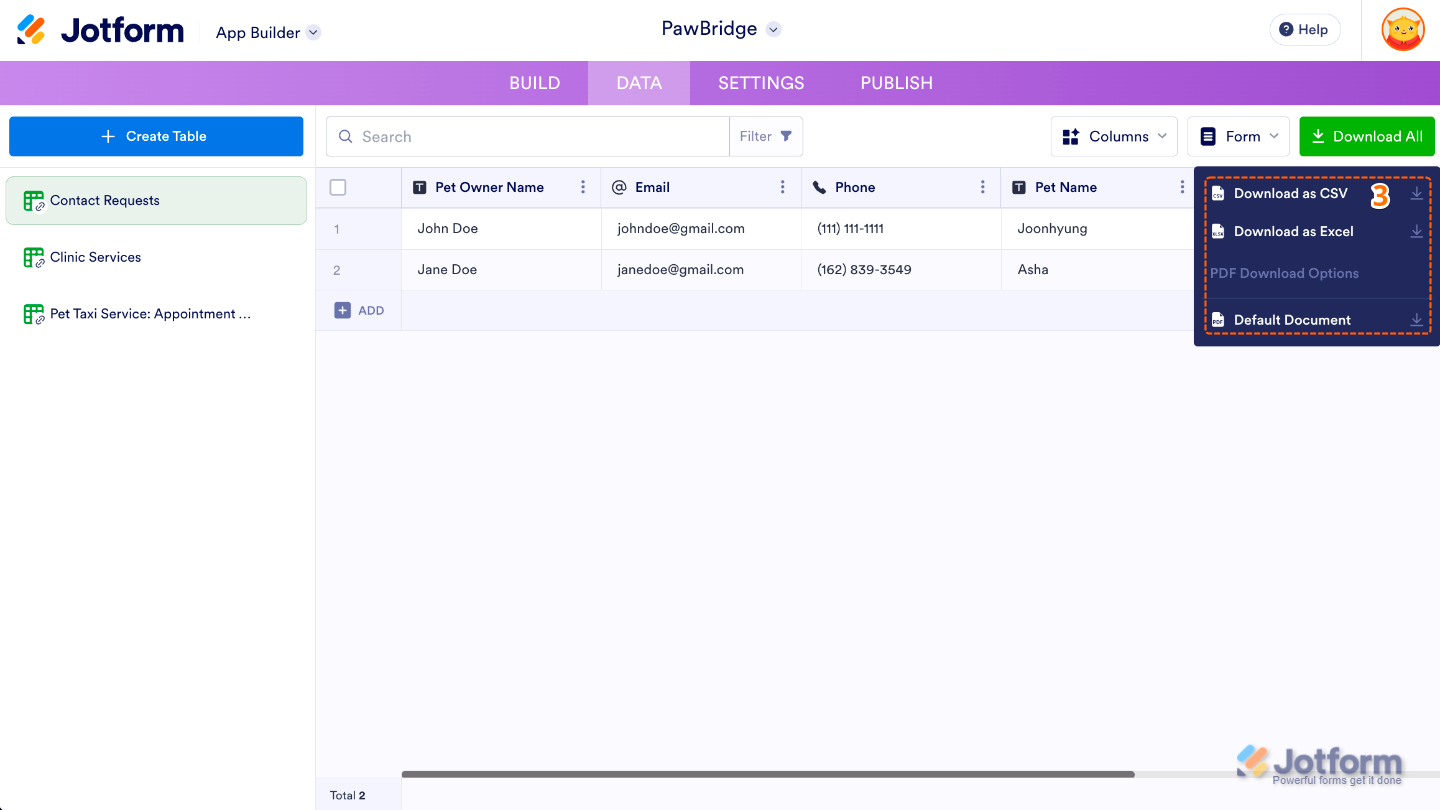 App Builder Download Options menu showing available file types for downloading table data