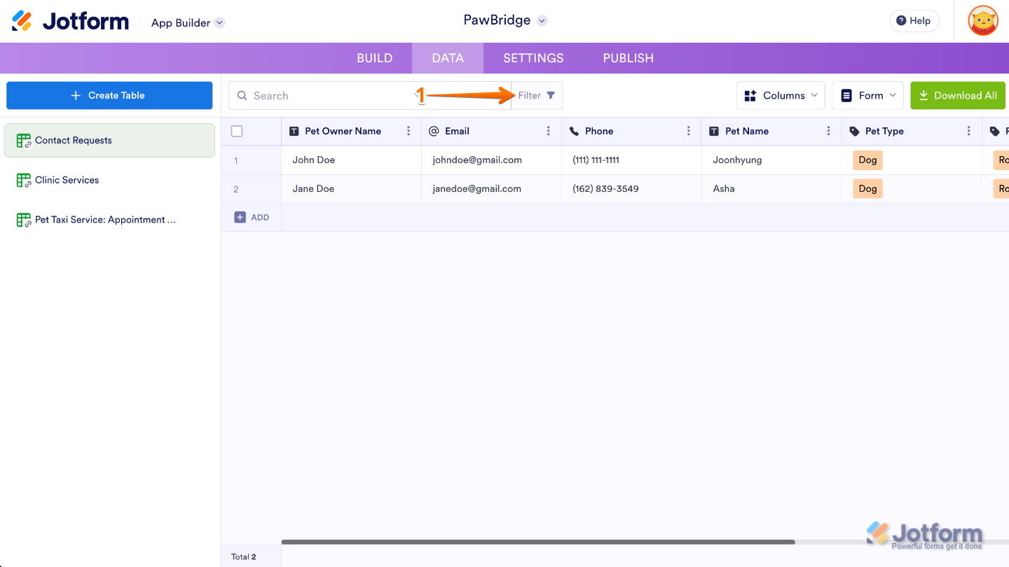 App Builder Data page highlighting the Filter button at the top