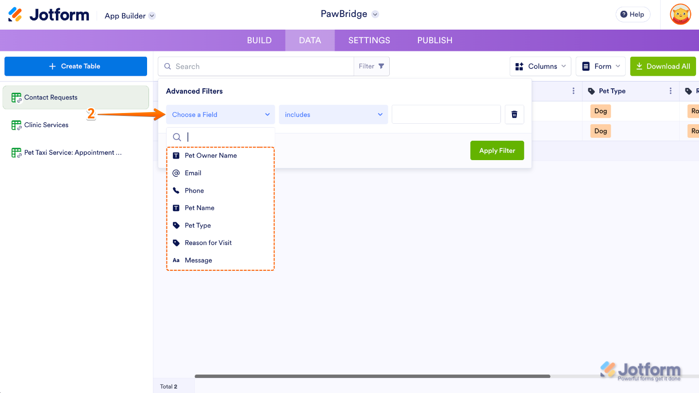 Selecting a field from Choose a Field under Advanced Filters to filter app data