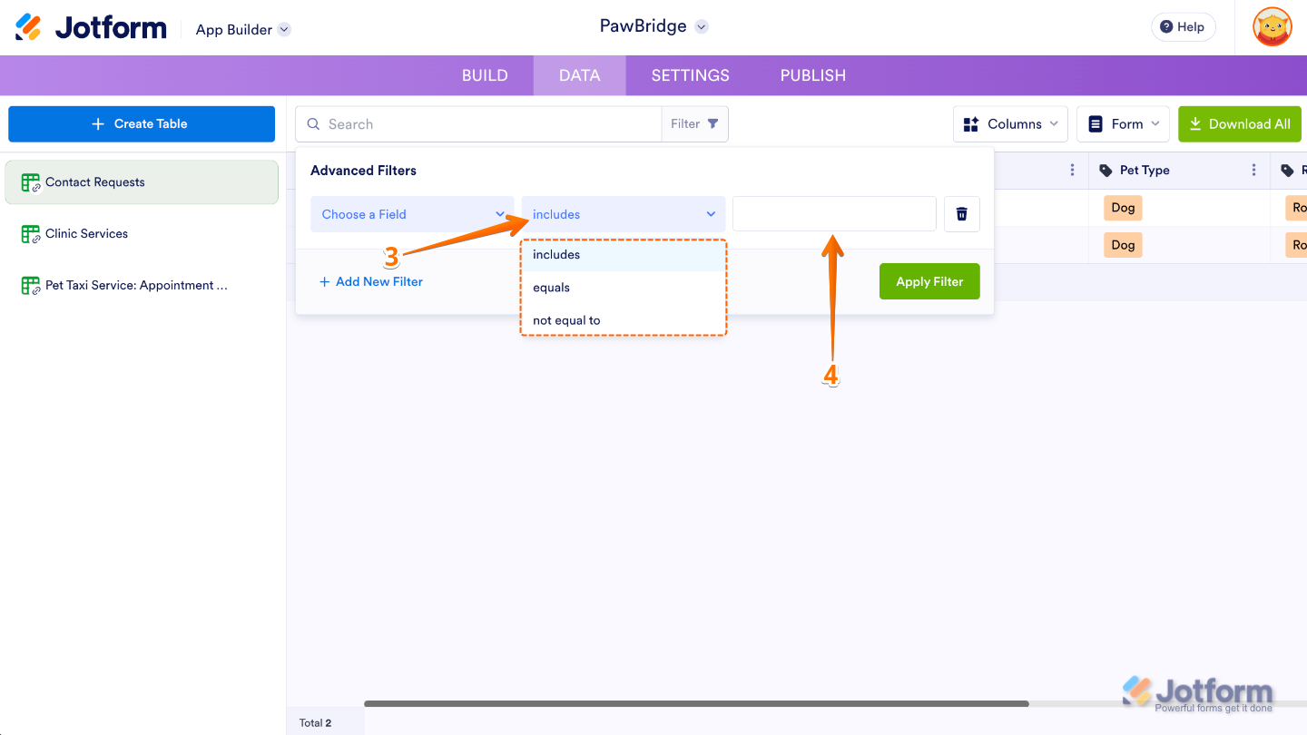 Selecting a Filter Condition from the dropdown and entering the value to filter app data by