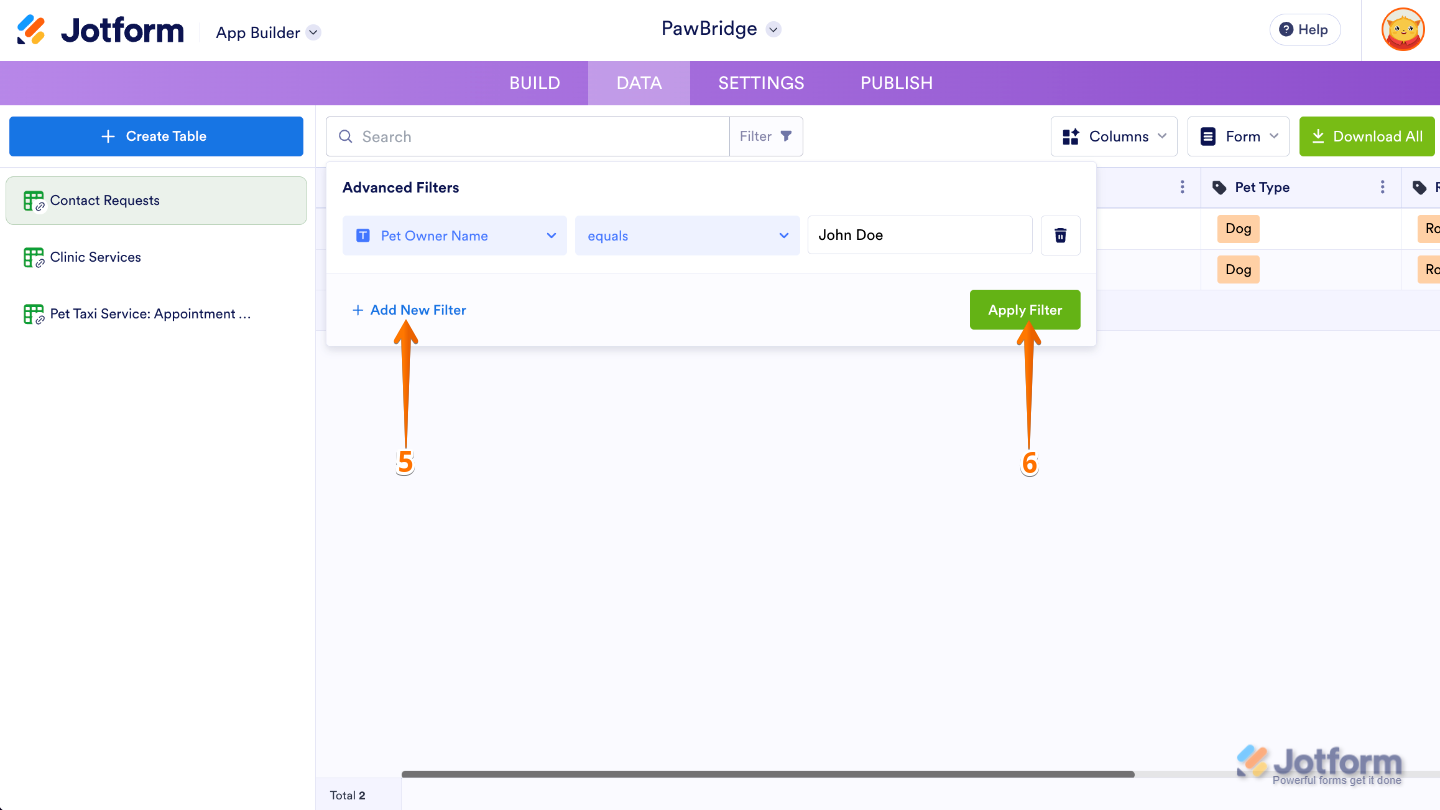 App Builder Advanced Filters panel showing Add New Filter and Apply Filter buttons for filtering app data