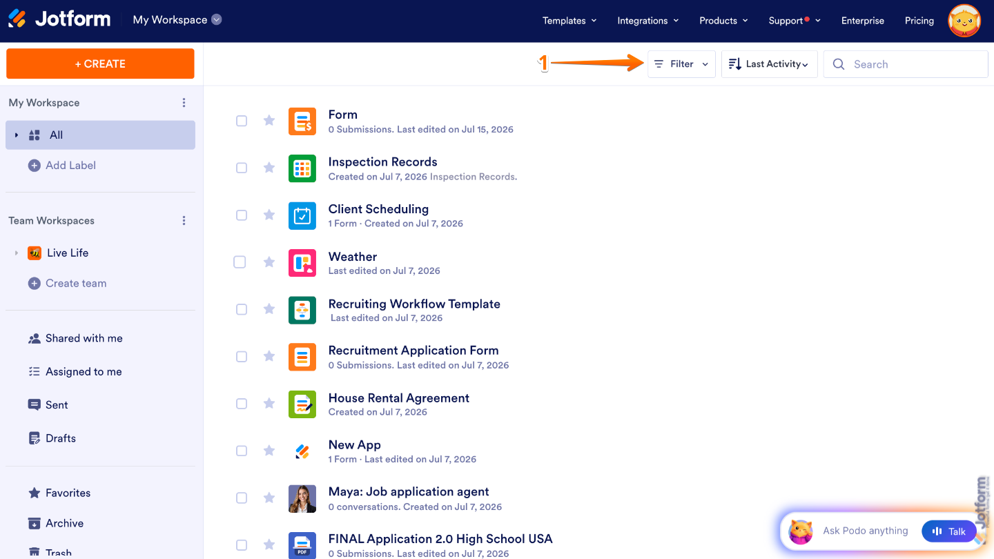 Workspace page highlighting the Filter button at the top of the page