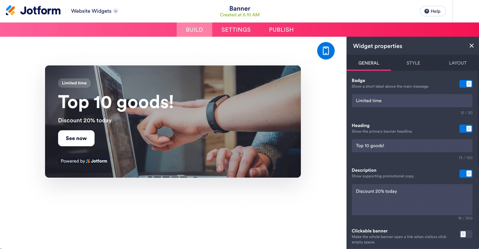 Banner widget editor with customizable campaign content and settings