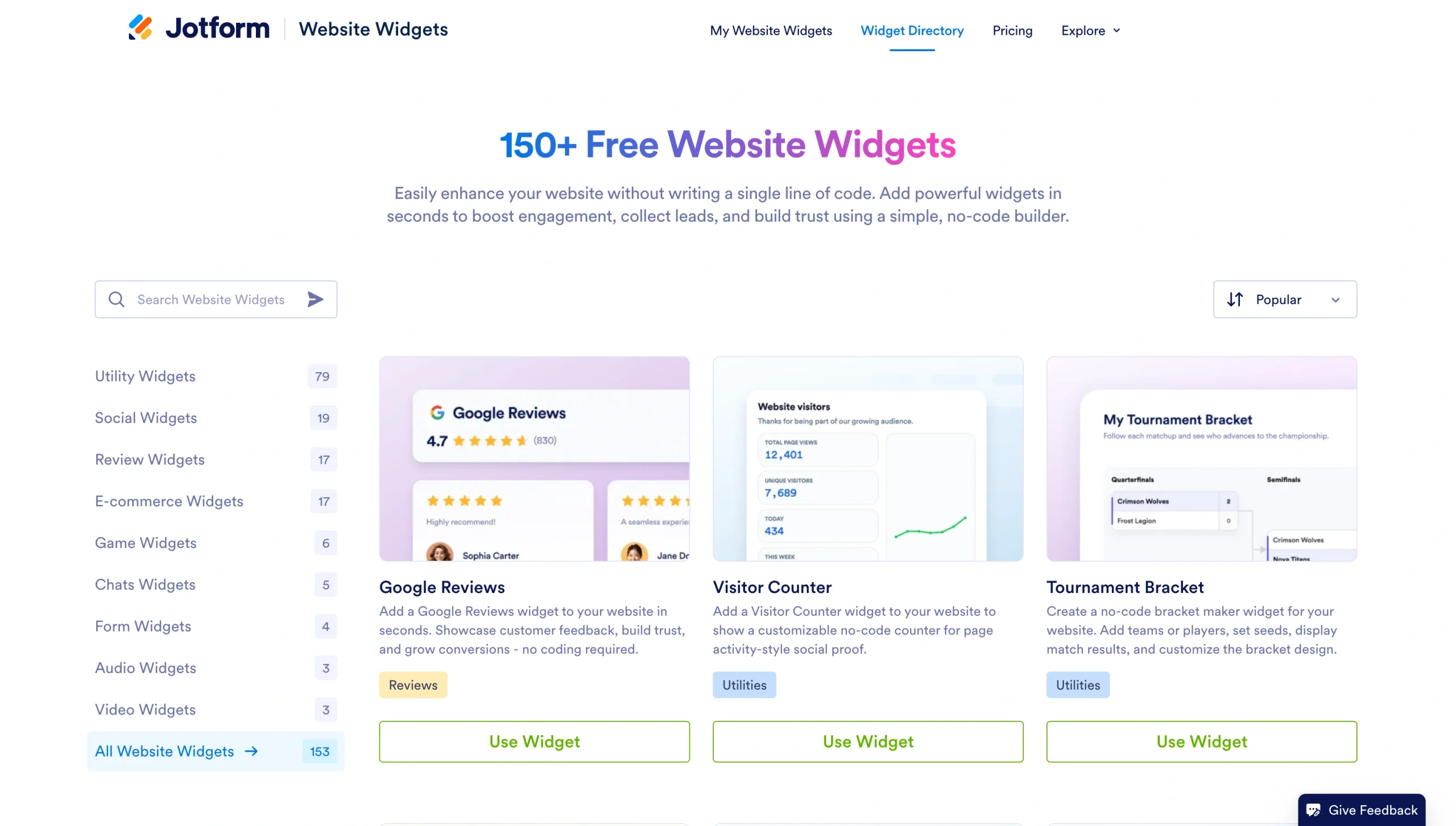 Jotform Website Widgets directory displaying free widgets for Shopify and other websites