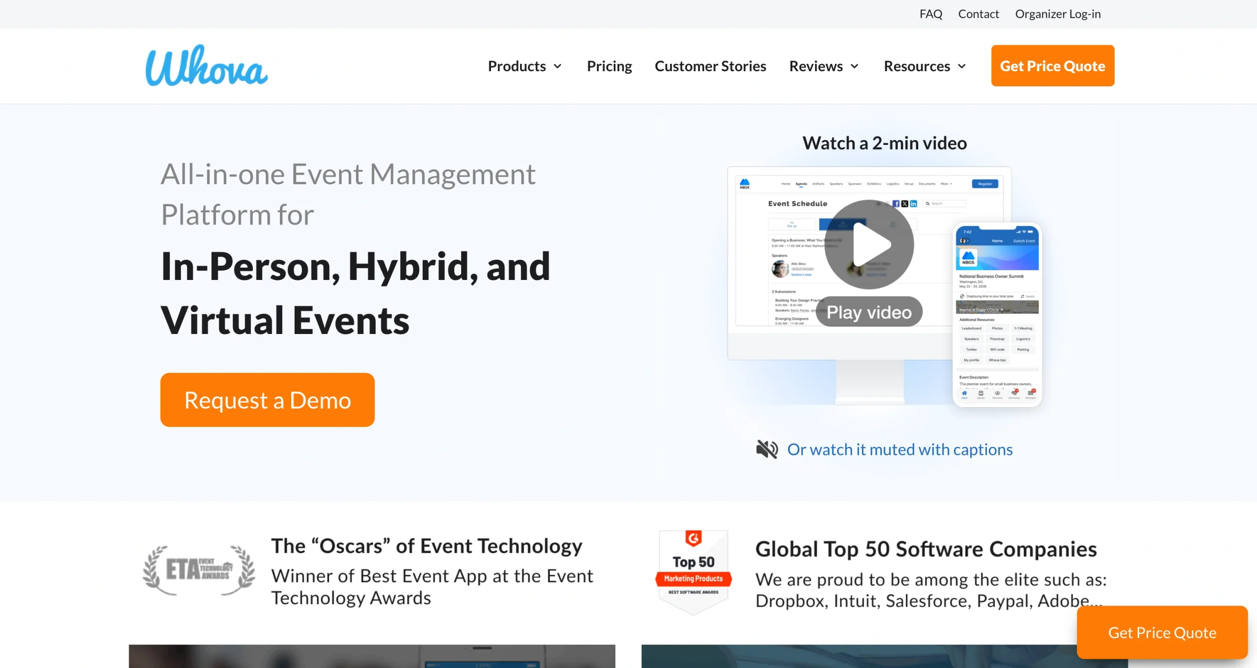 Screenshot of the Whova landing page