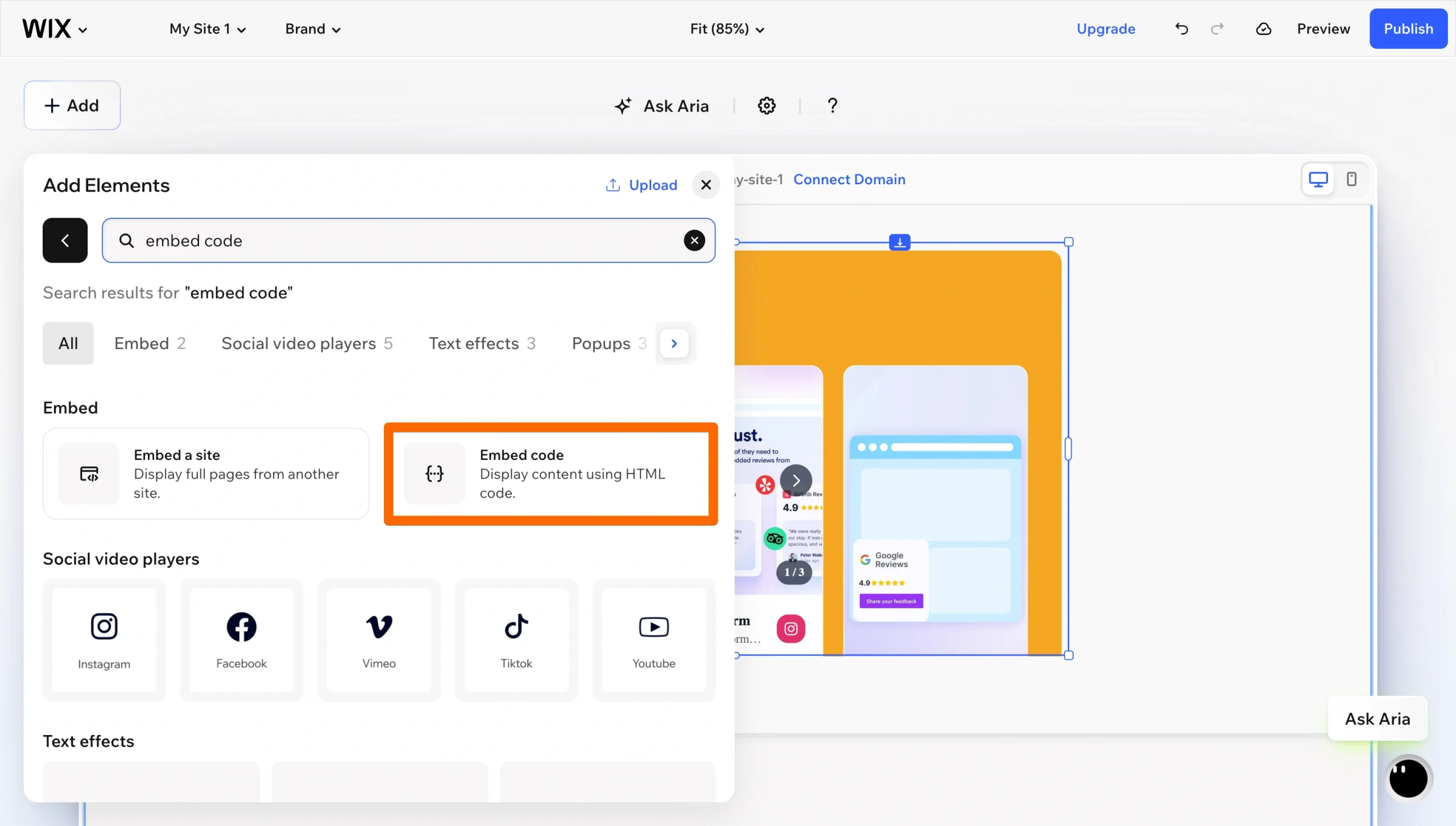 Wix editor showing the Embed Code element selected for adding the Jotform social feed