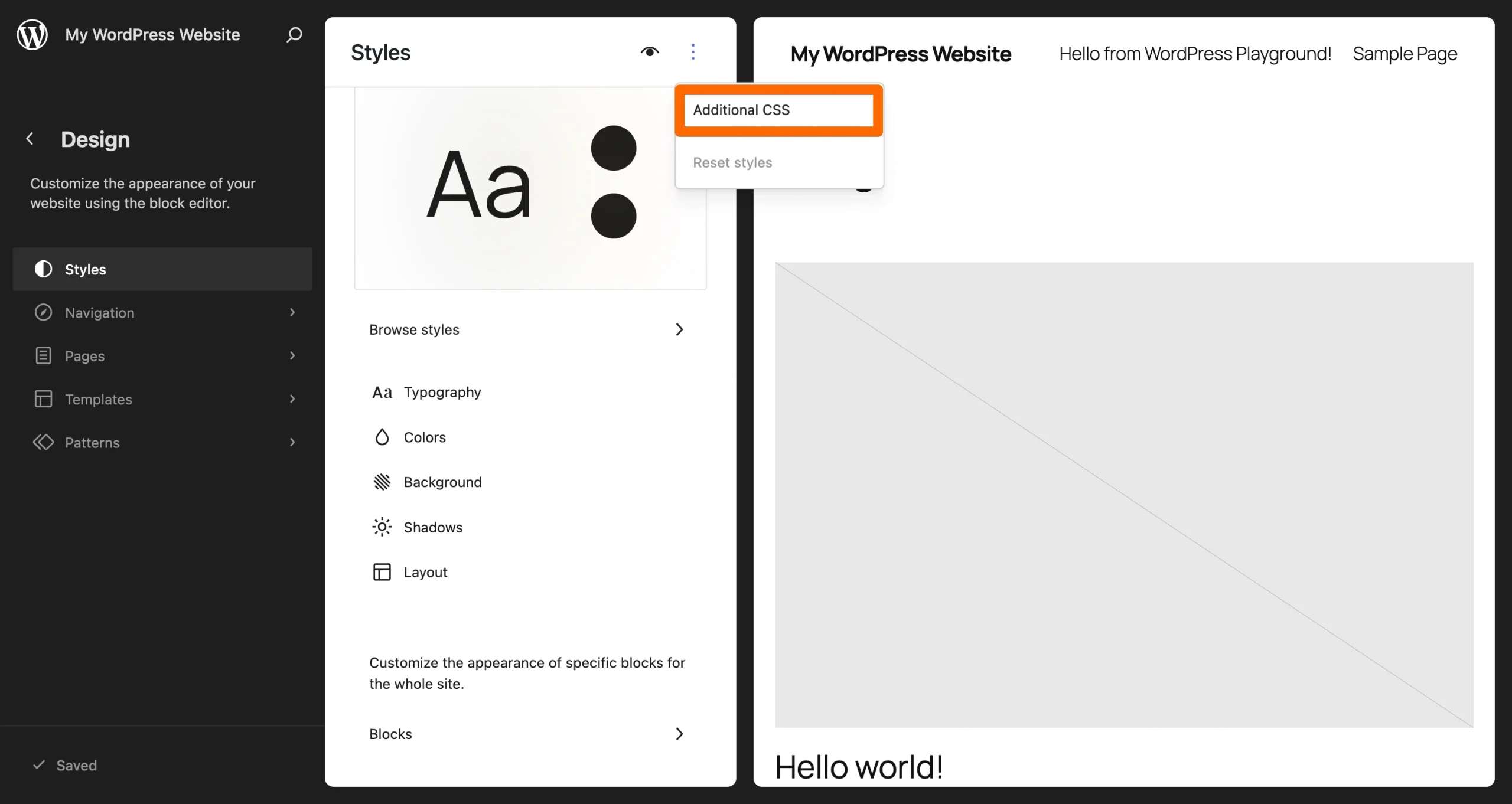 WordPress Site Editor Styles panel with Additional CSS highlighted in the options menu